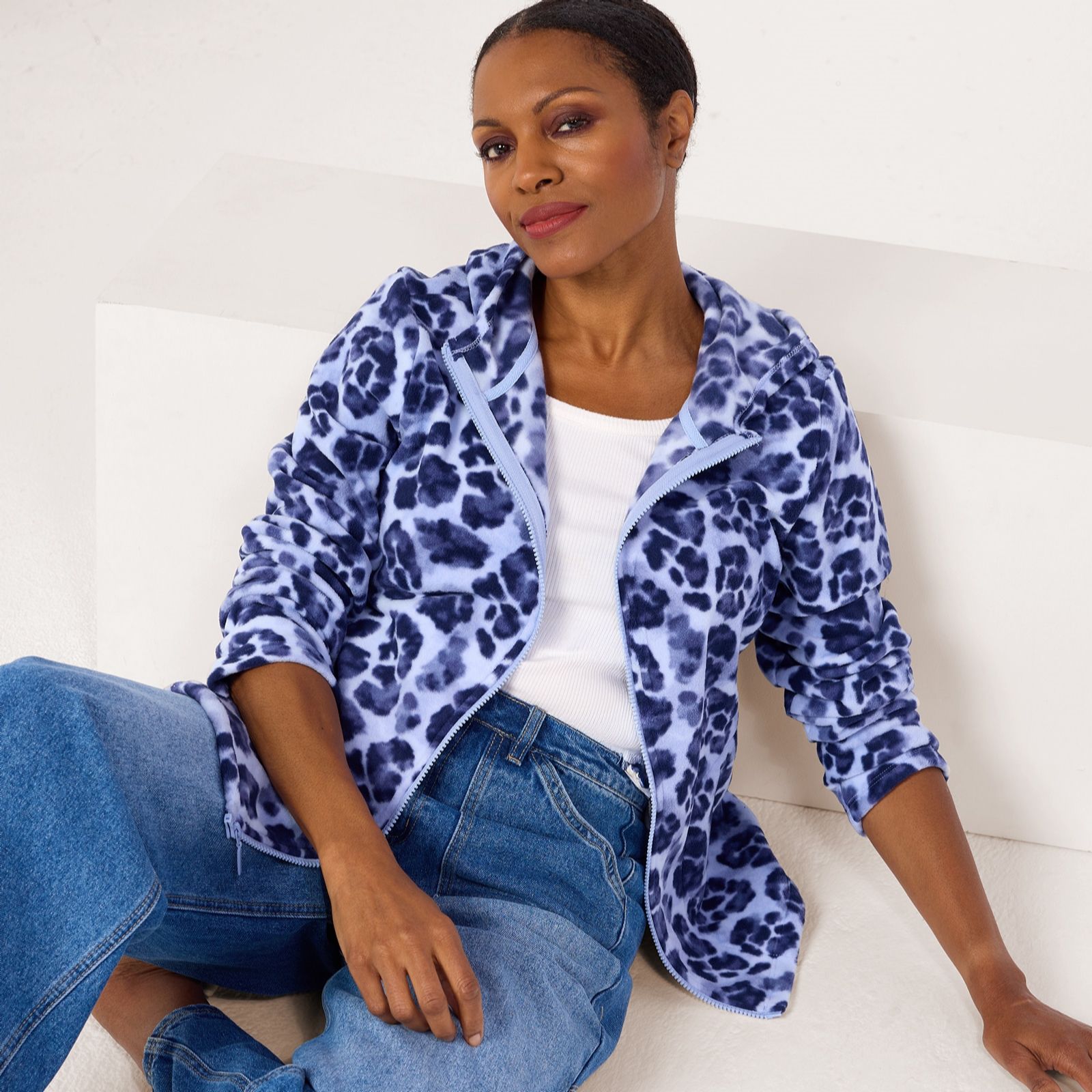 Denim & Co. Printed Fleece Zip Front Hooded Top