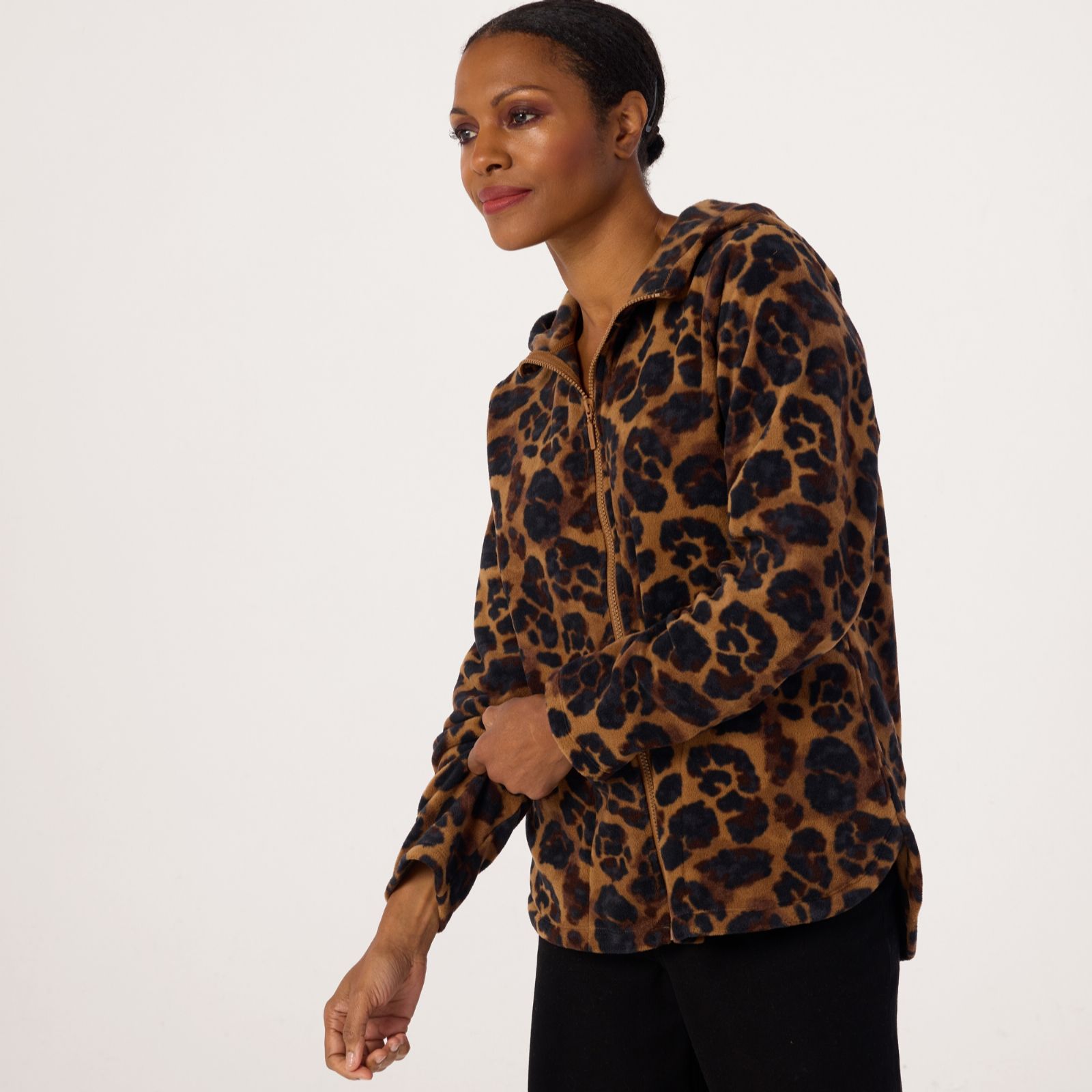Denim & Co. Printed Fleece Zip Front Hooded Top