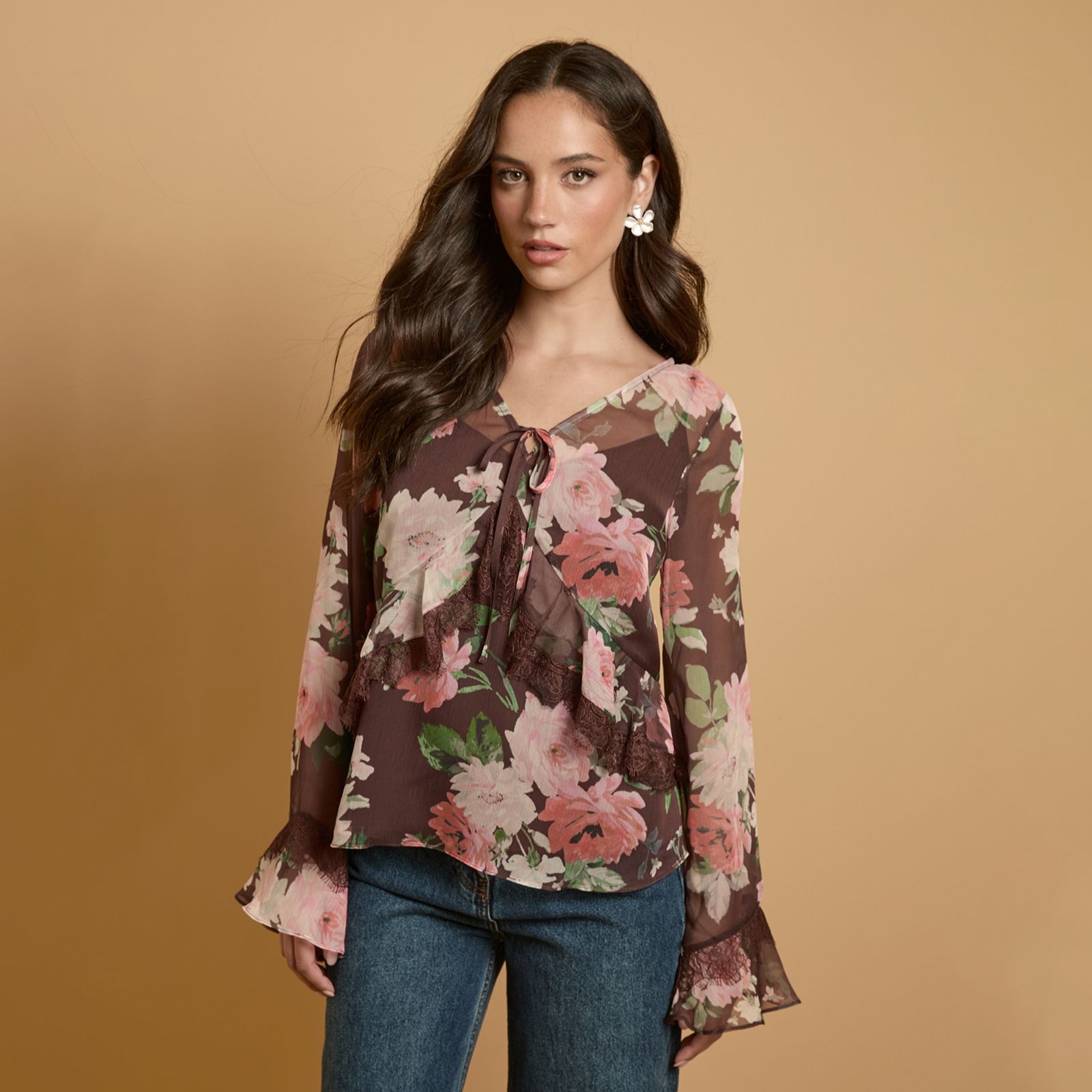 Oasis Printed Fluted Sleeve Lace Trim Blouse