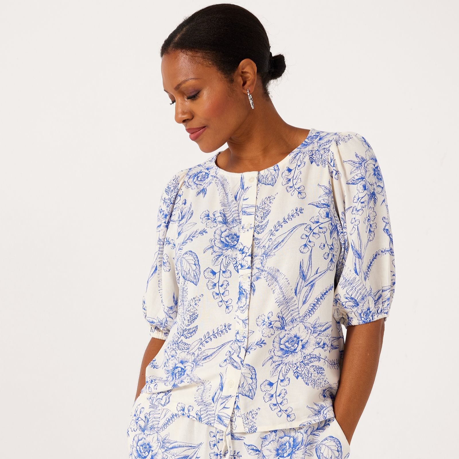 Denim & Co. Printed Linen Blend Blouse