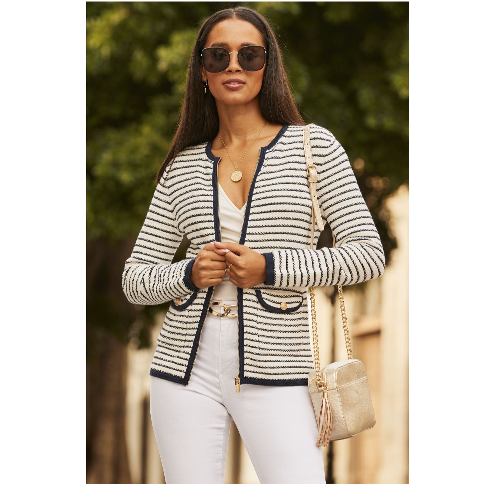 Sosandar Navy Blue & White Stripe Zip Detail Cardigan