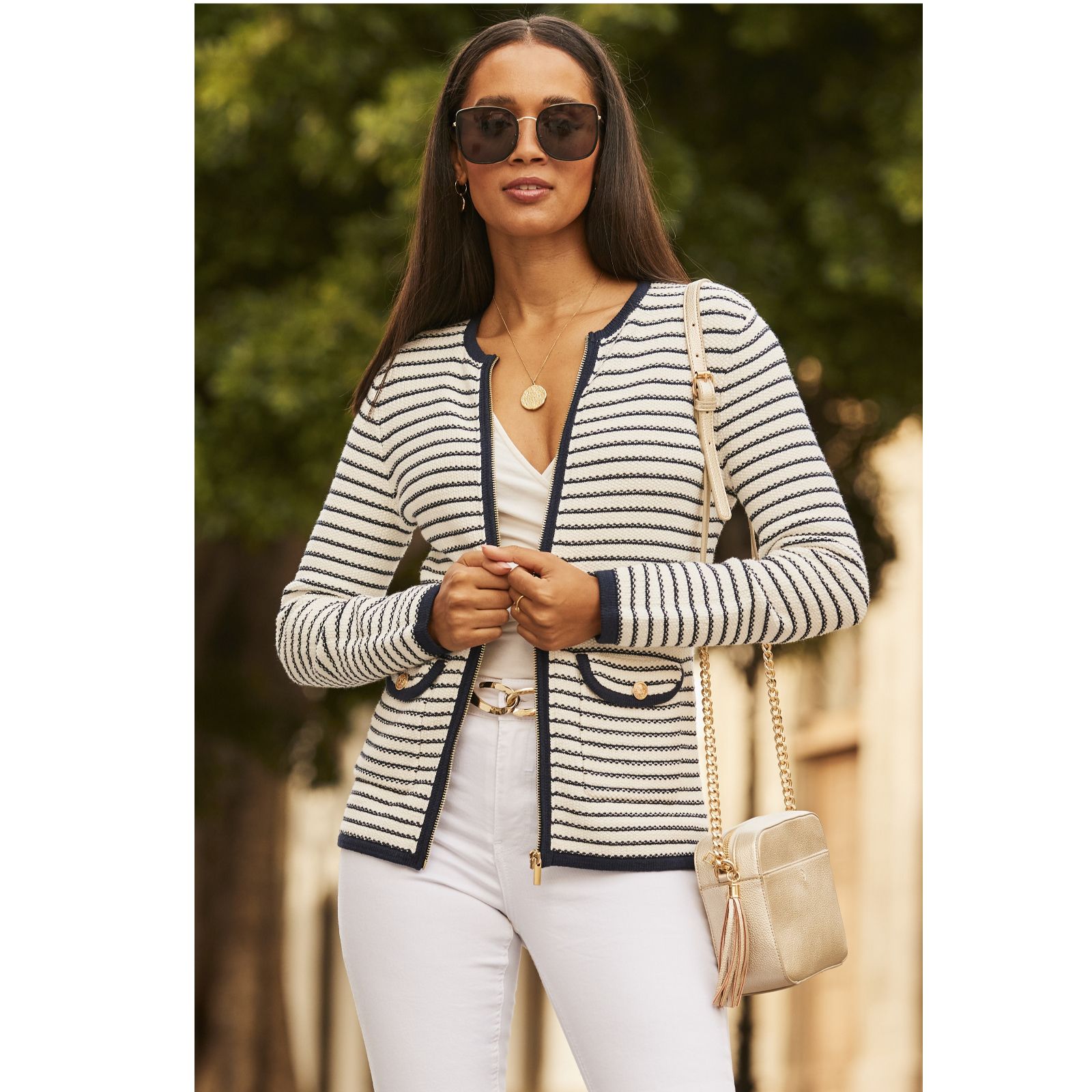 Sosandar Navy Blue & White Stripe Zip Detail Cardigan
