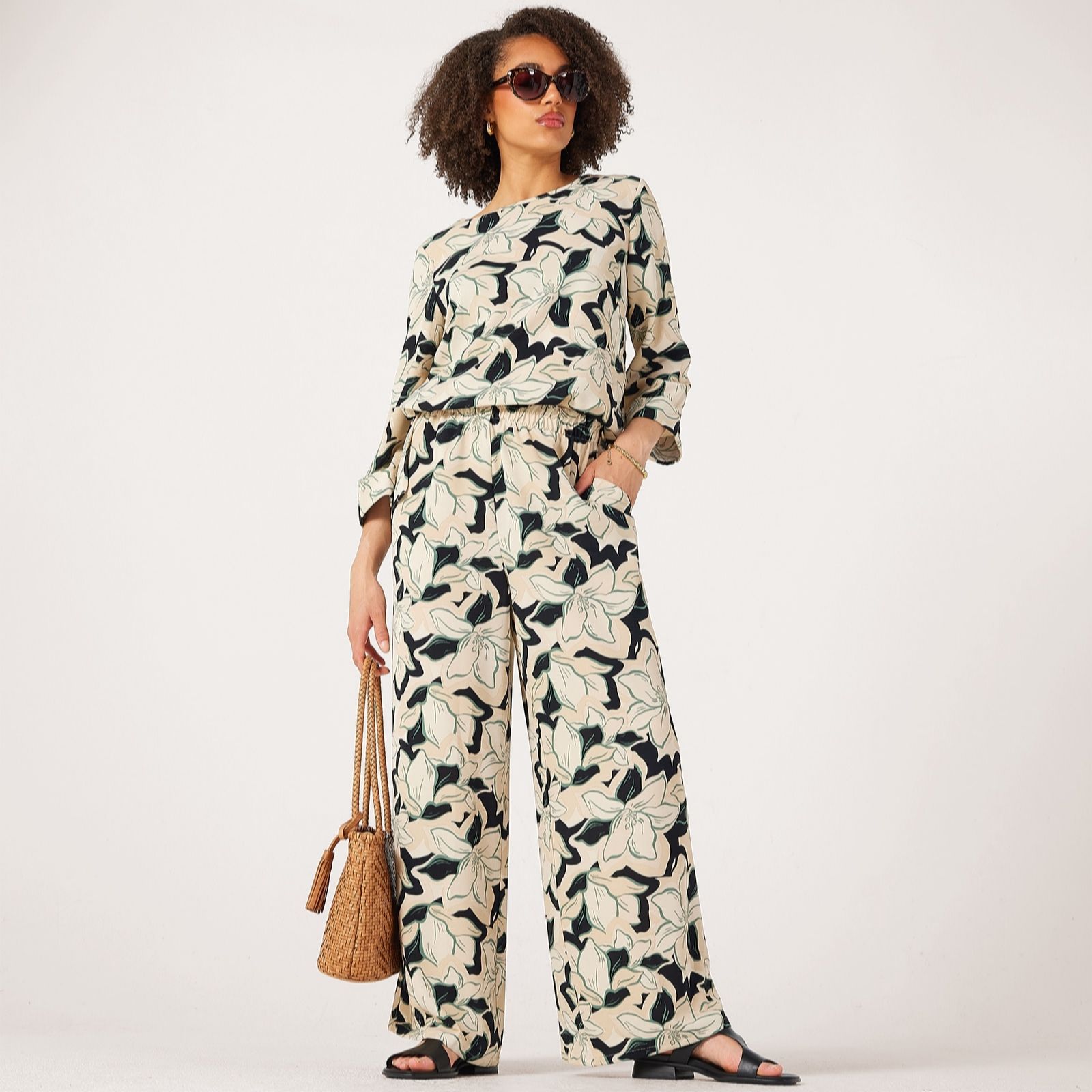 Kim & Co Printed Crinkle Poplin Wide Leg Petite Trousers