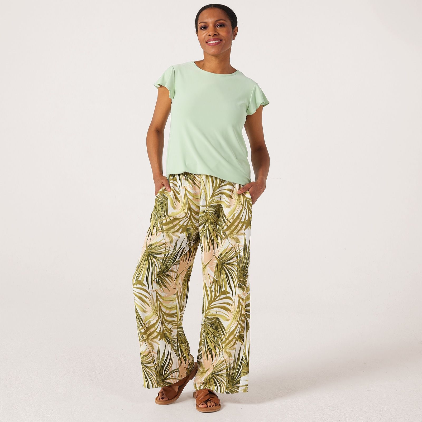 Kim & Co Printed Crinkle Poplin Wide Leg Petite Trousers