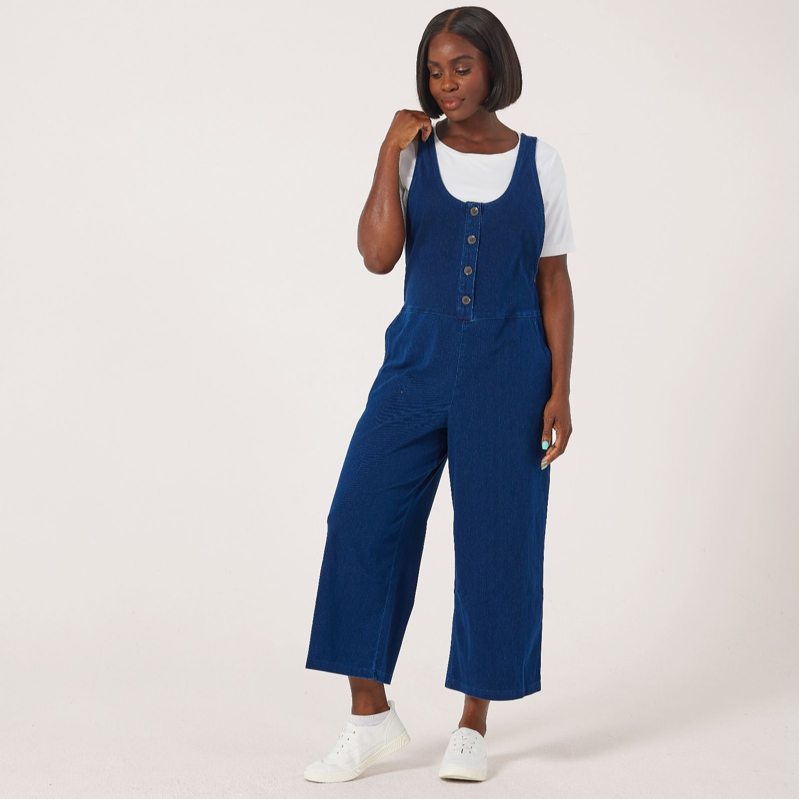 Denim & Co Comfy Knit Denim Dungaree Petite