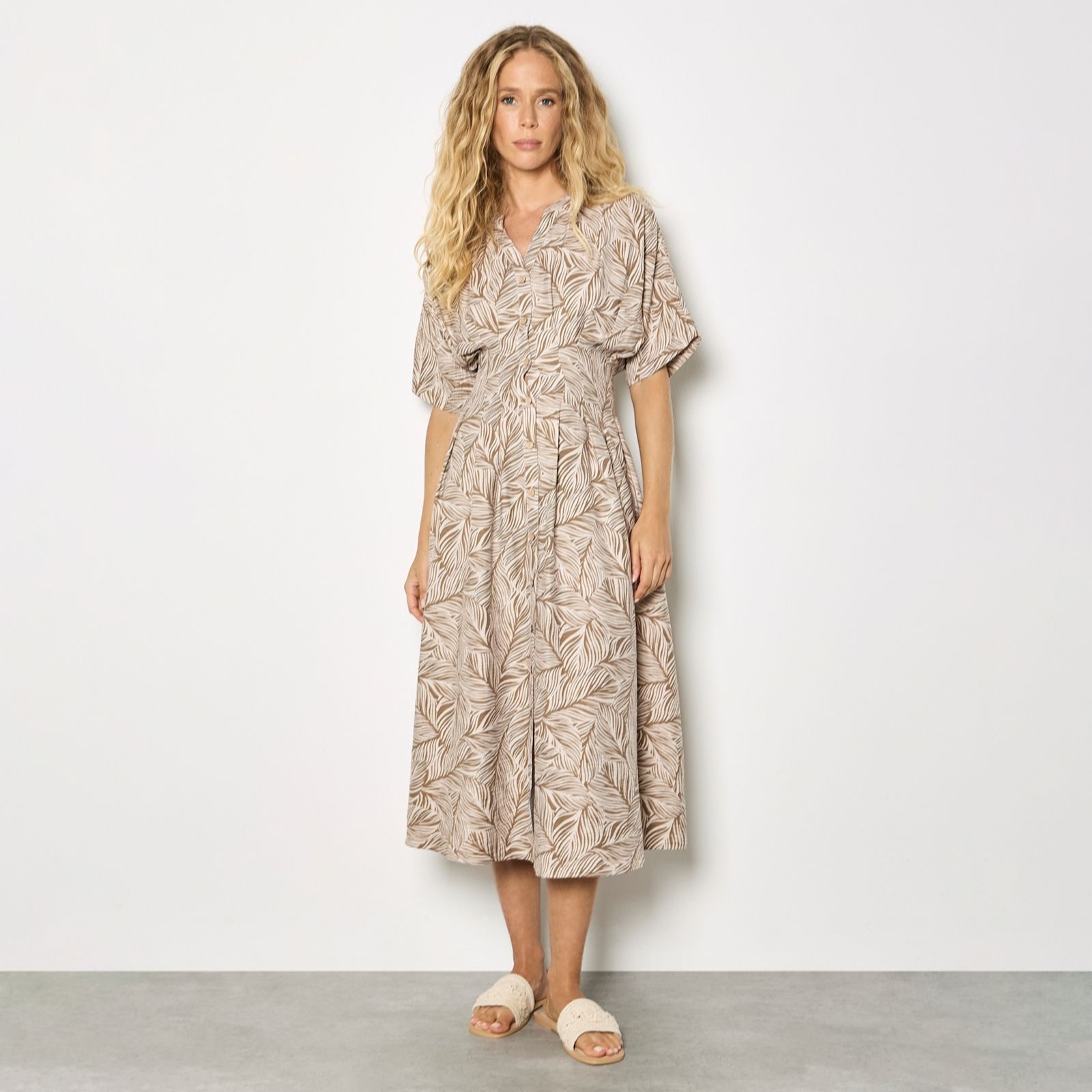 Apricot Leaf Print Midi Shirt Dress