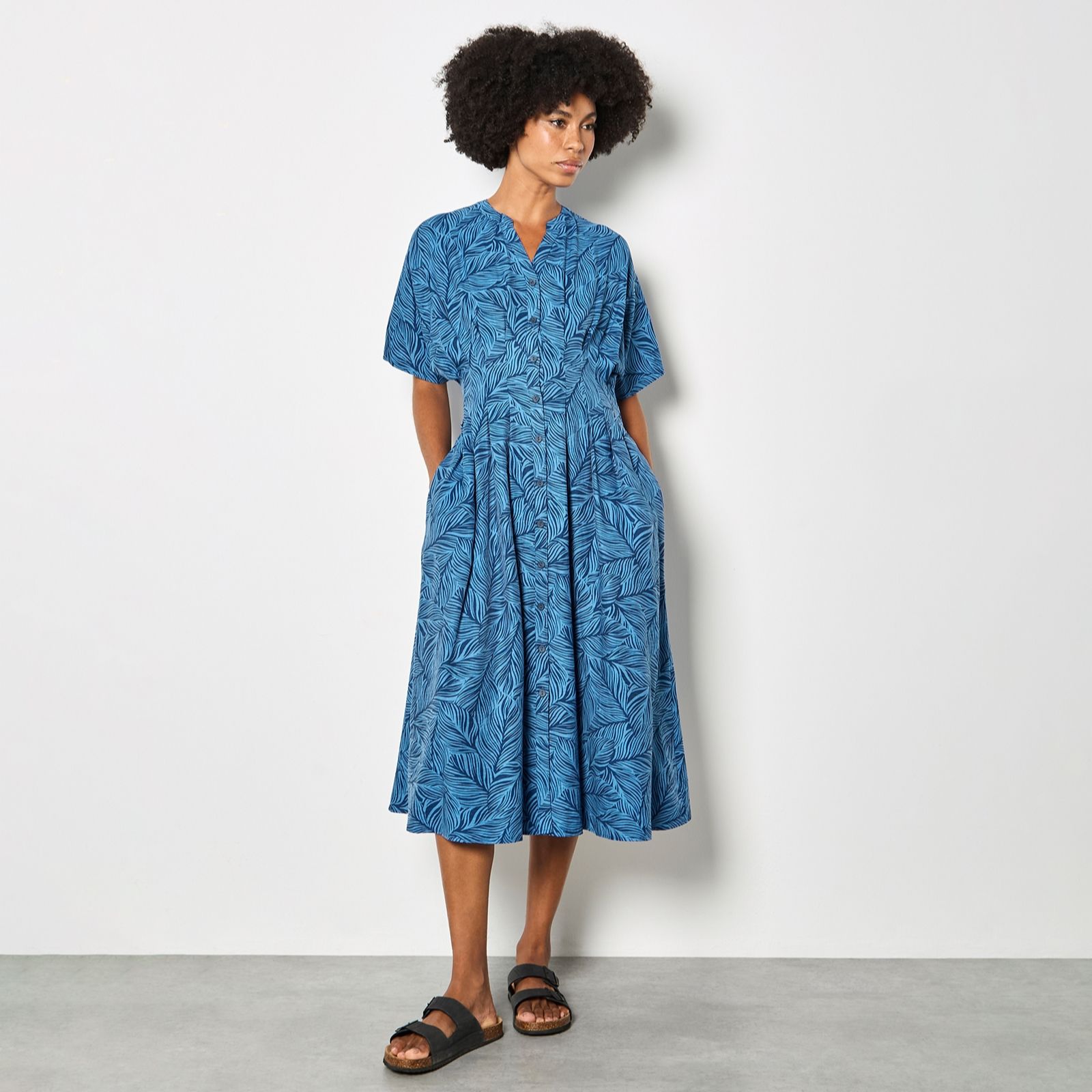 Apricot Leaf Print Midi Shirt Dress
