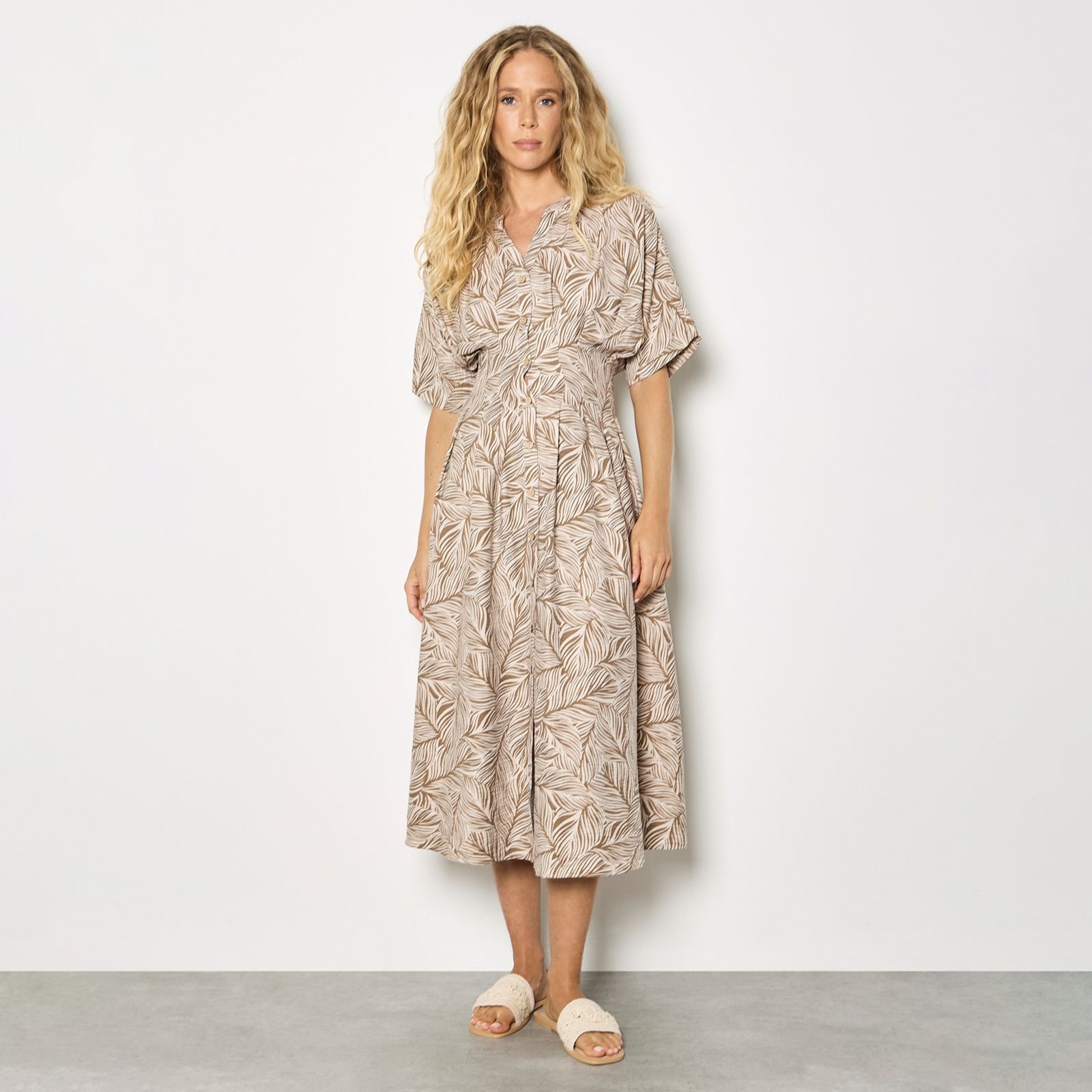 Apricot Leaf Print Midi Shirt Dress
