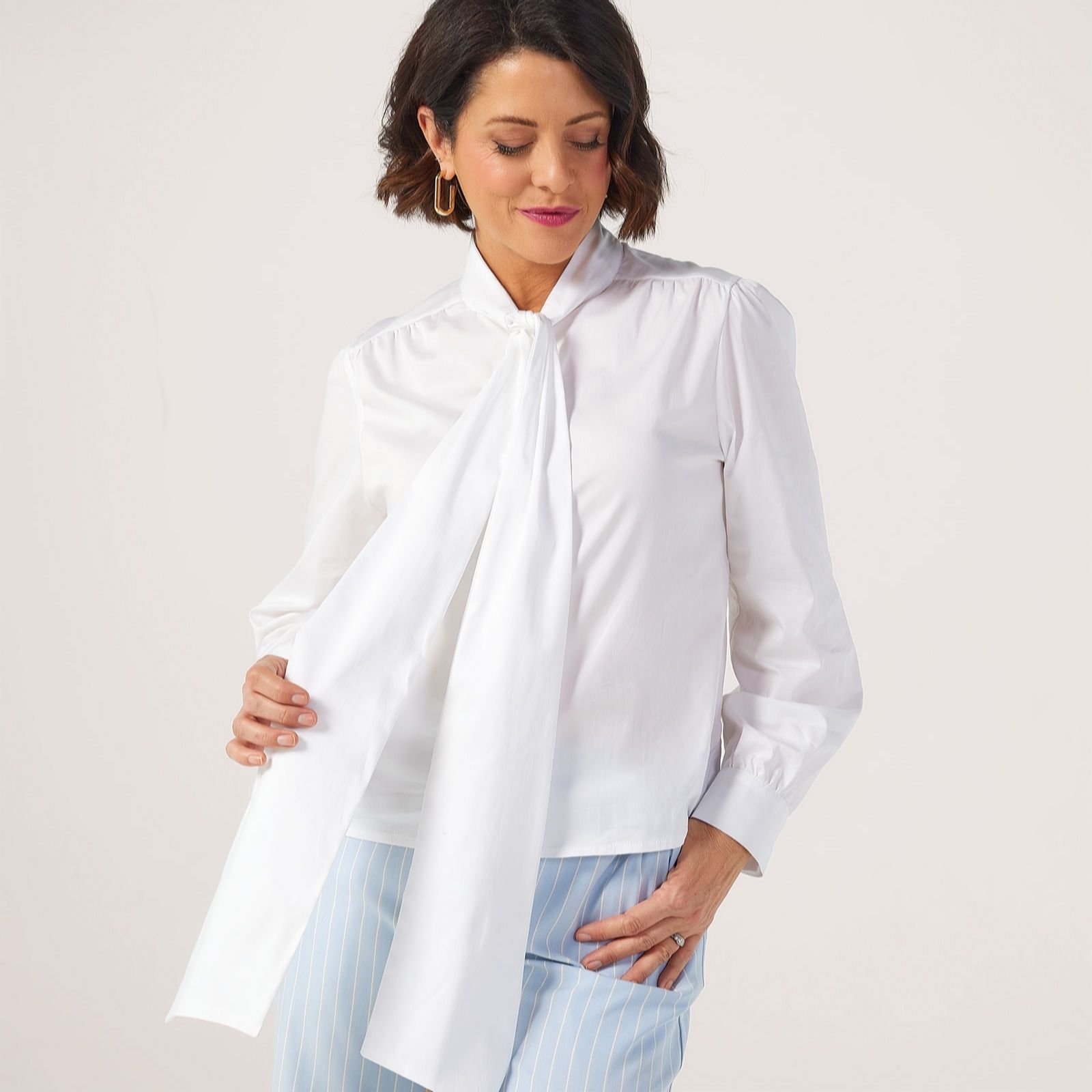 Helene Berman X Katy Cotton Stretch Pussy Bow Shirt