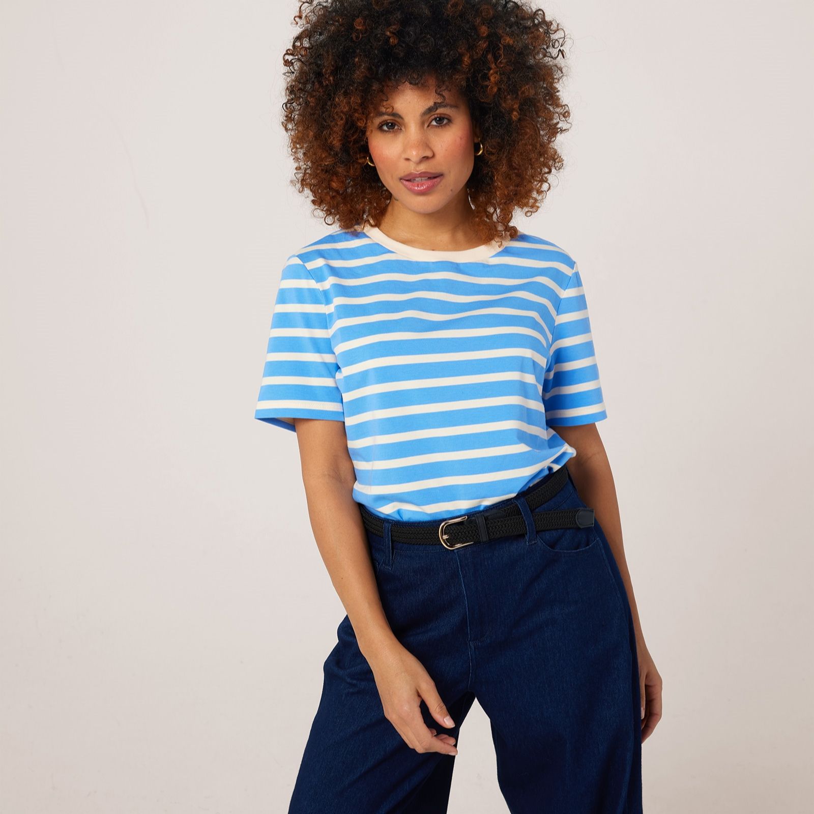 Denim & Co. Essentials Crew Neck Yarn Dyed Striped-Shirt