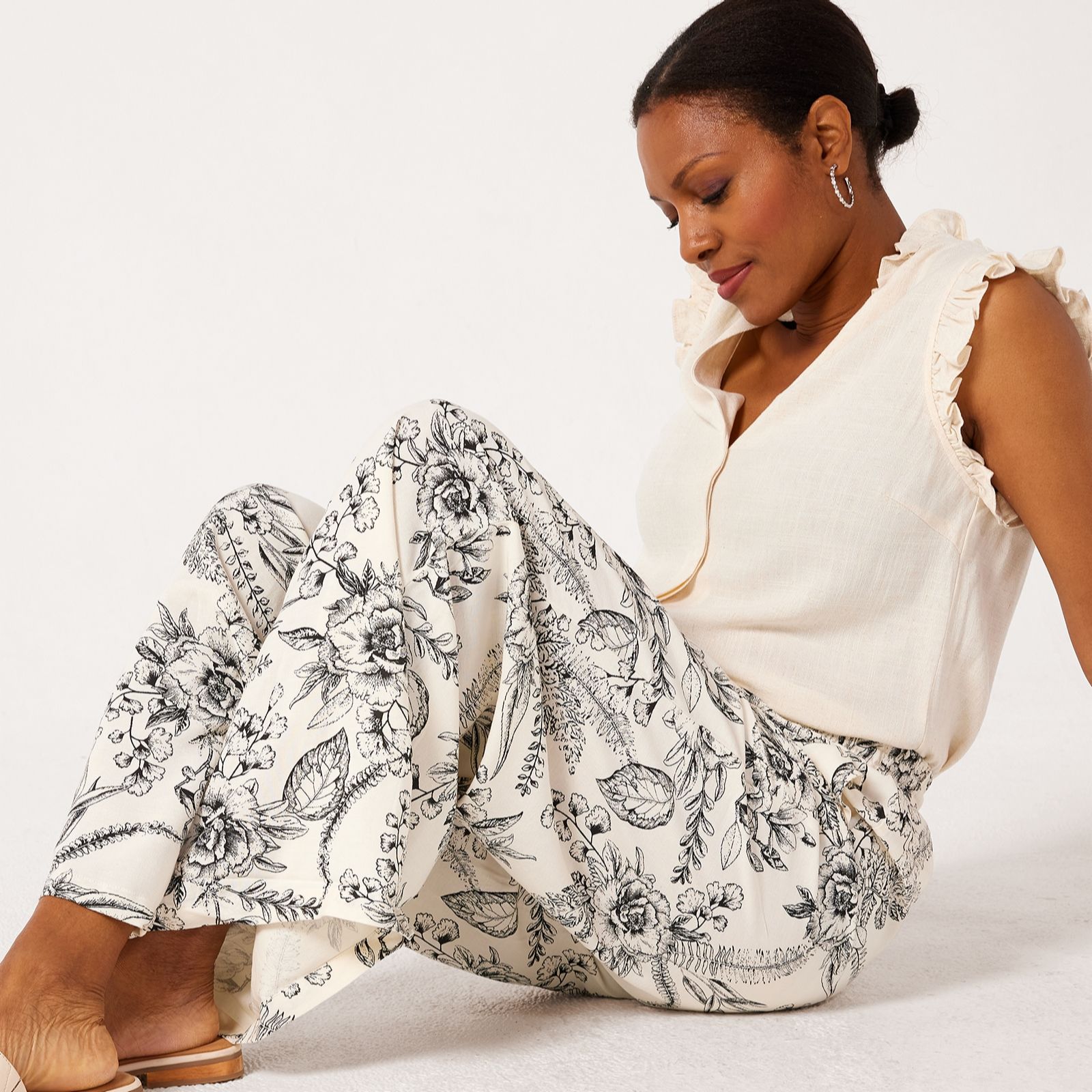 Denim & Co. Printed Linen Blend Wide Leg Trouser Petite