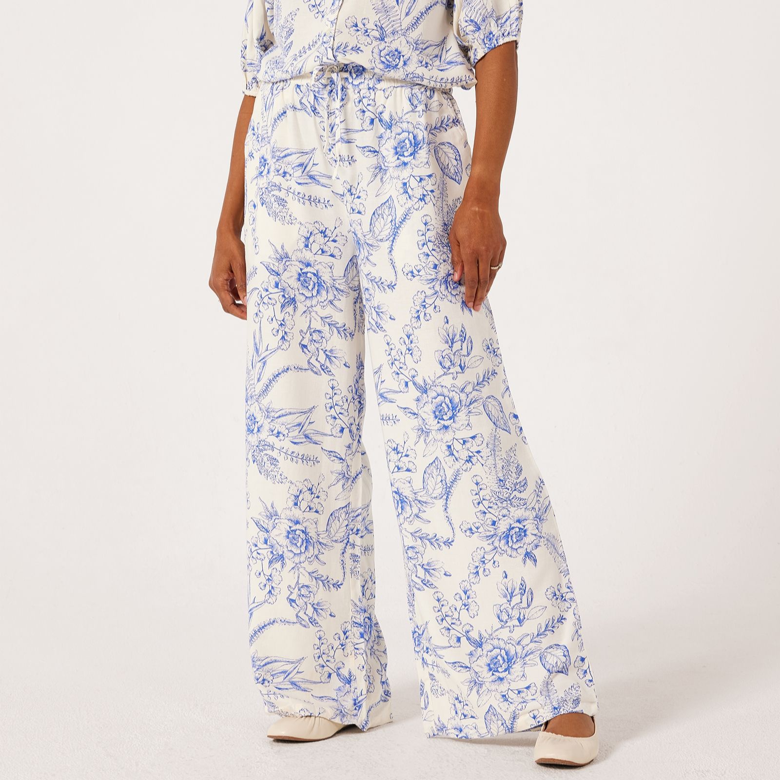 Denim & Co. Printed Linen Blend Wide Leg Trouser Petite