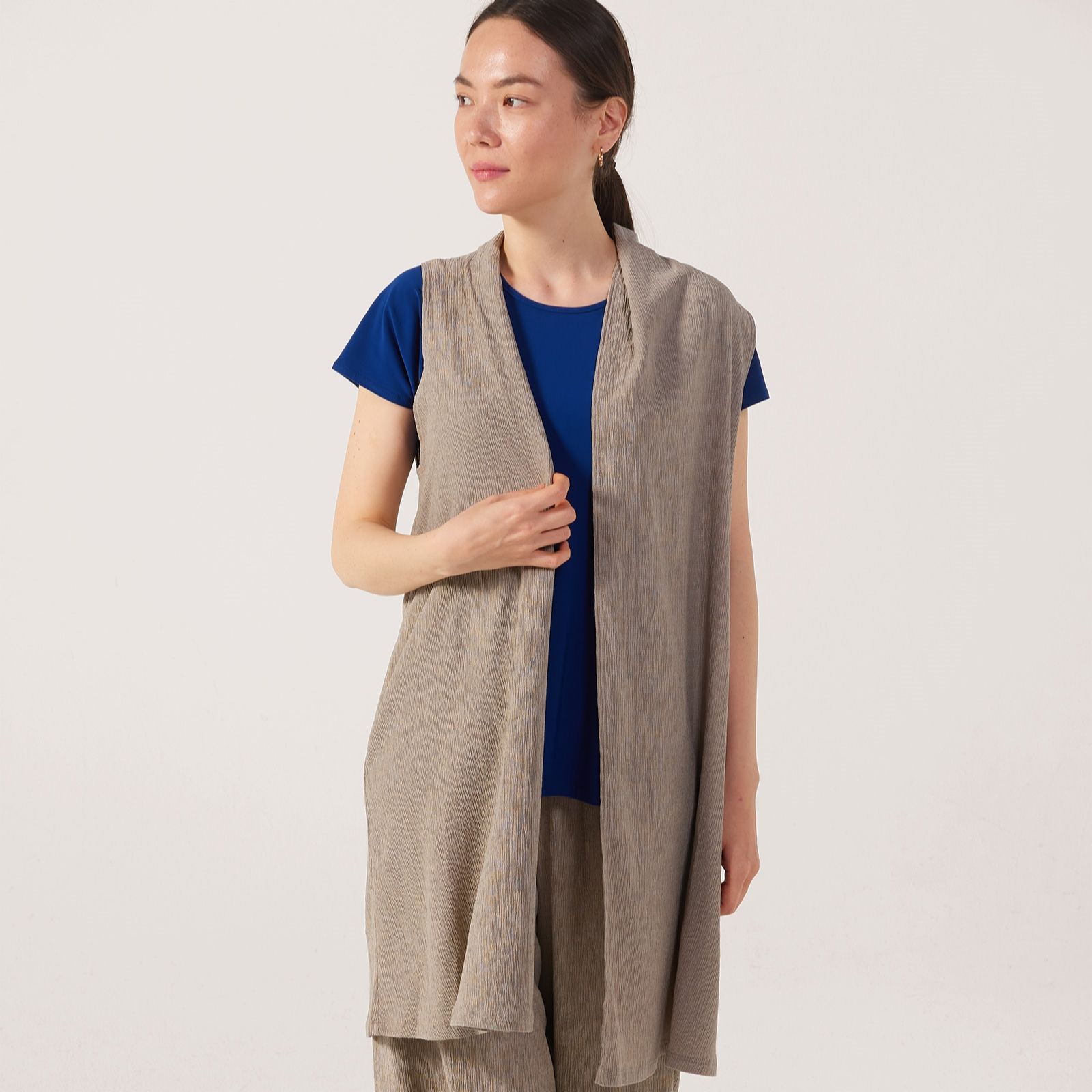 Kim & Co Stretch Crinkle Knit Sleeveless Duster