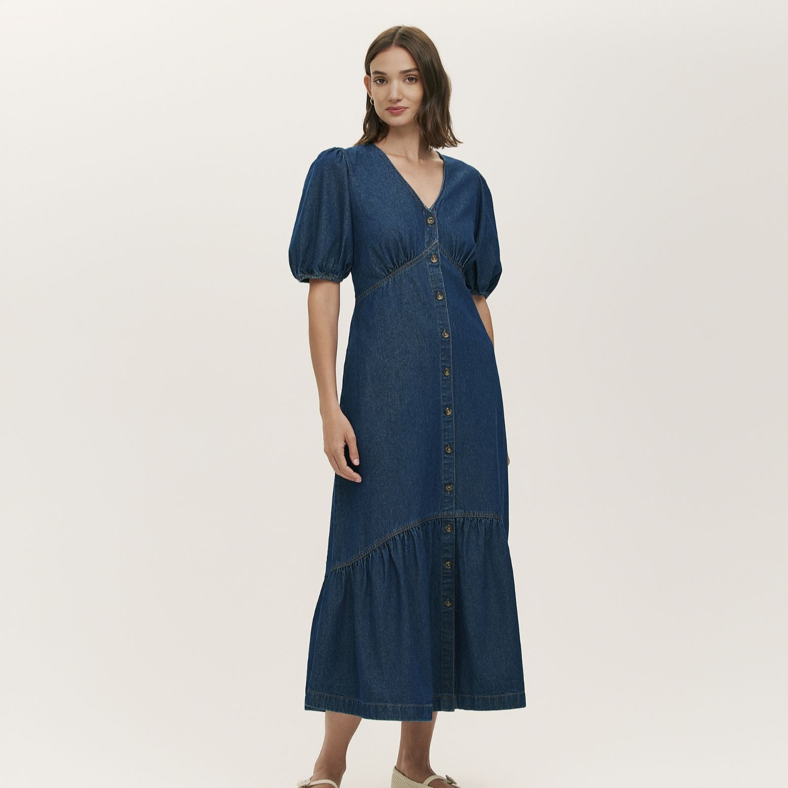 Finery London Goldie 100% Cotton Denim Puff Sleeve Button Detail Dress