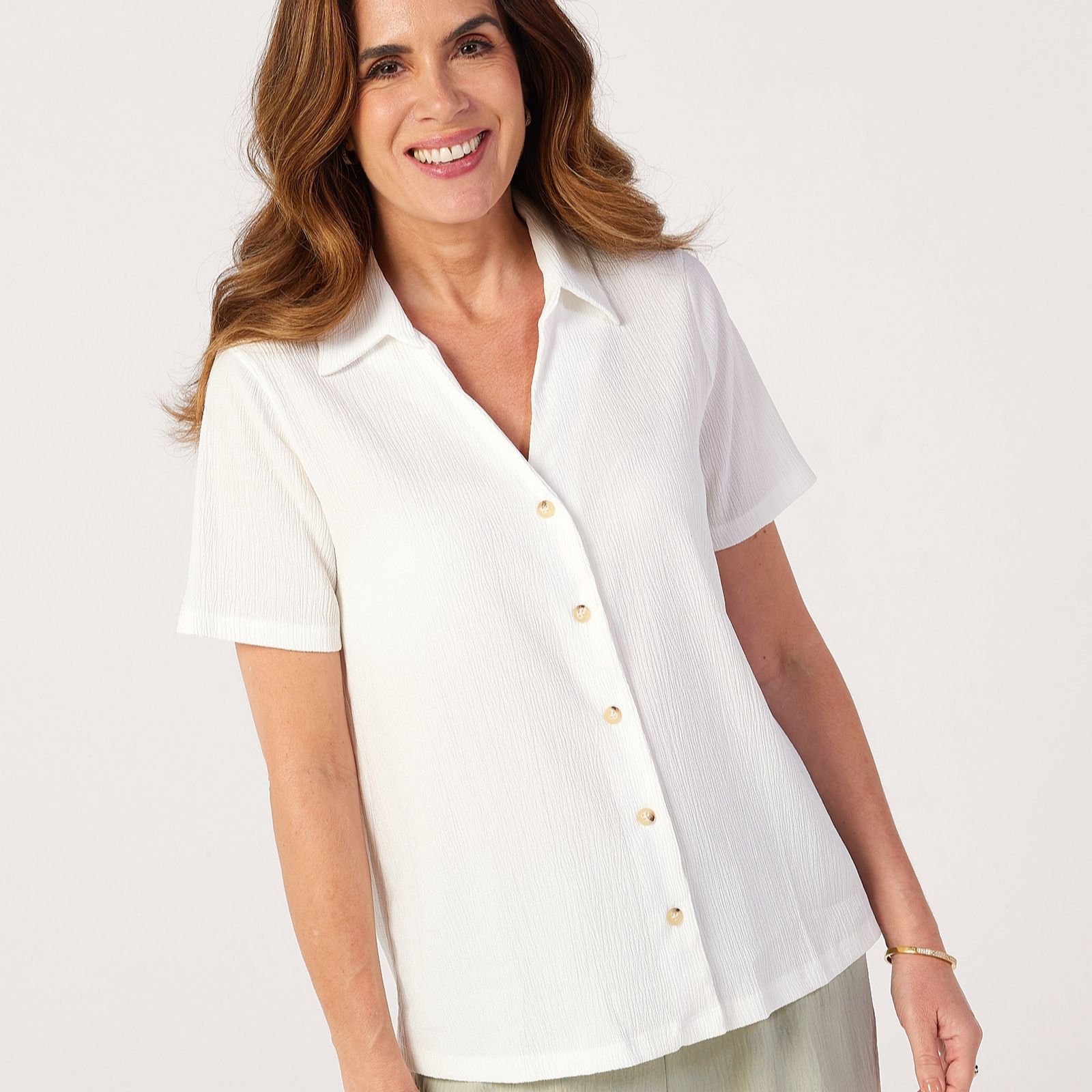 Kim & Co Stretch Crinkle Knit Short Sleeve Shirt With Shirring