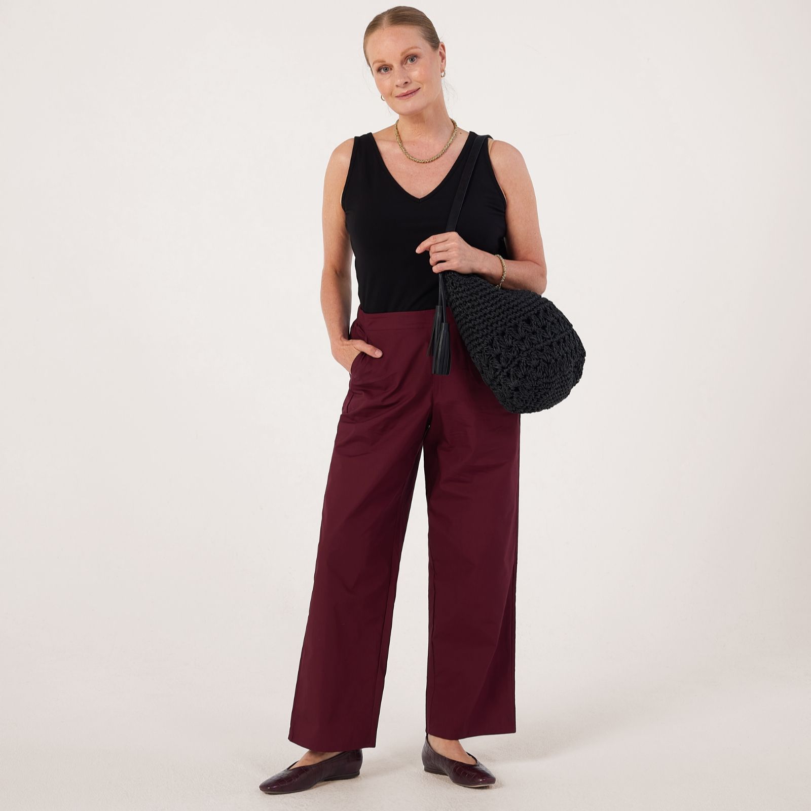 Denim & Co Cotton Pull On Wide Leg Trouser Petite