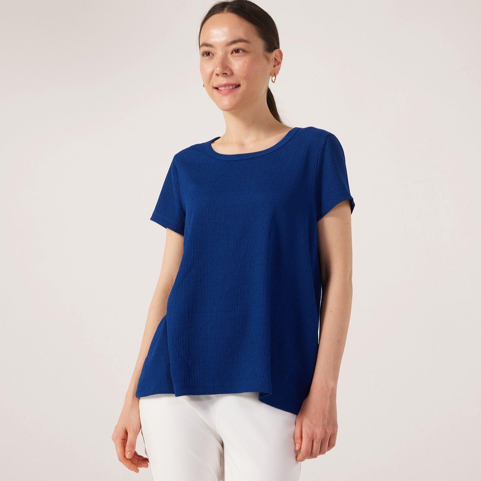 Kim & Co Stretch Crinkle Knit Short Sleeve Hi-Lo Top