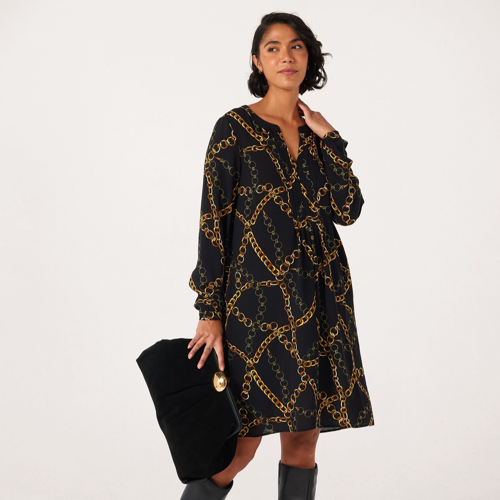 Nina Leonard Long Balloon Sleeve Notch Neck Float Dress
