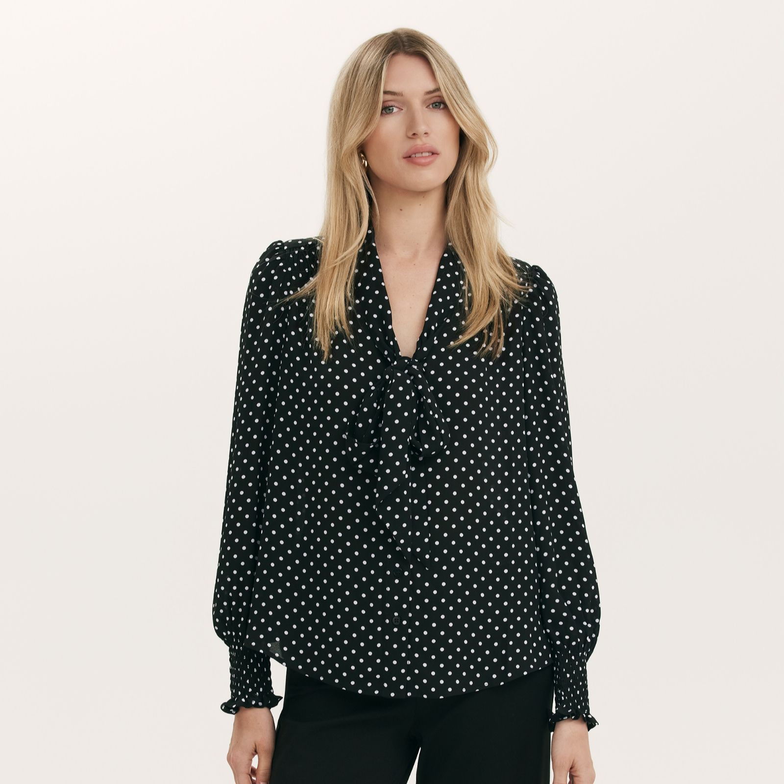Finery London Mavis Spot Print Crepe Pussy Bow Blouse