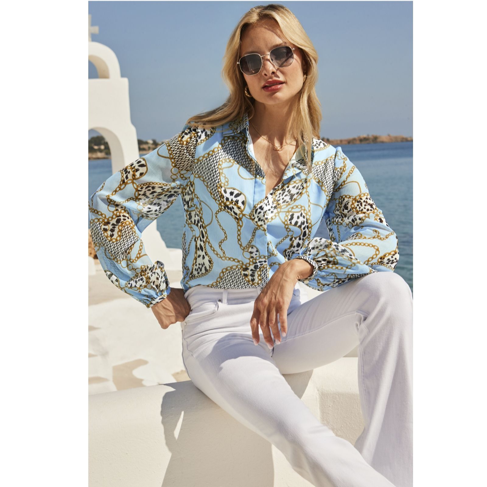 Sosandar Blue Wow Print Blouson Sleeve Shirt