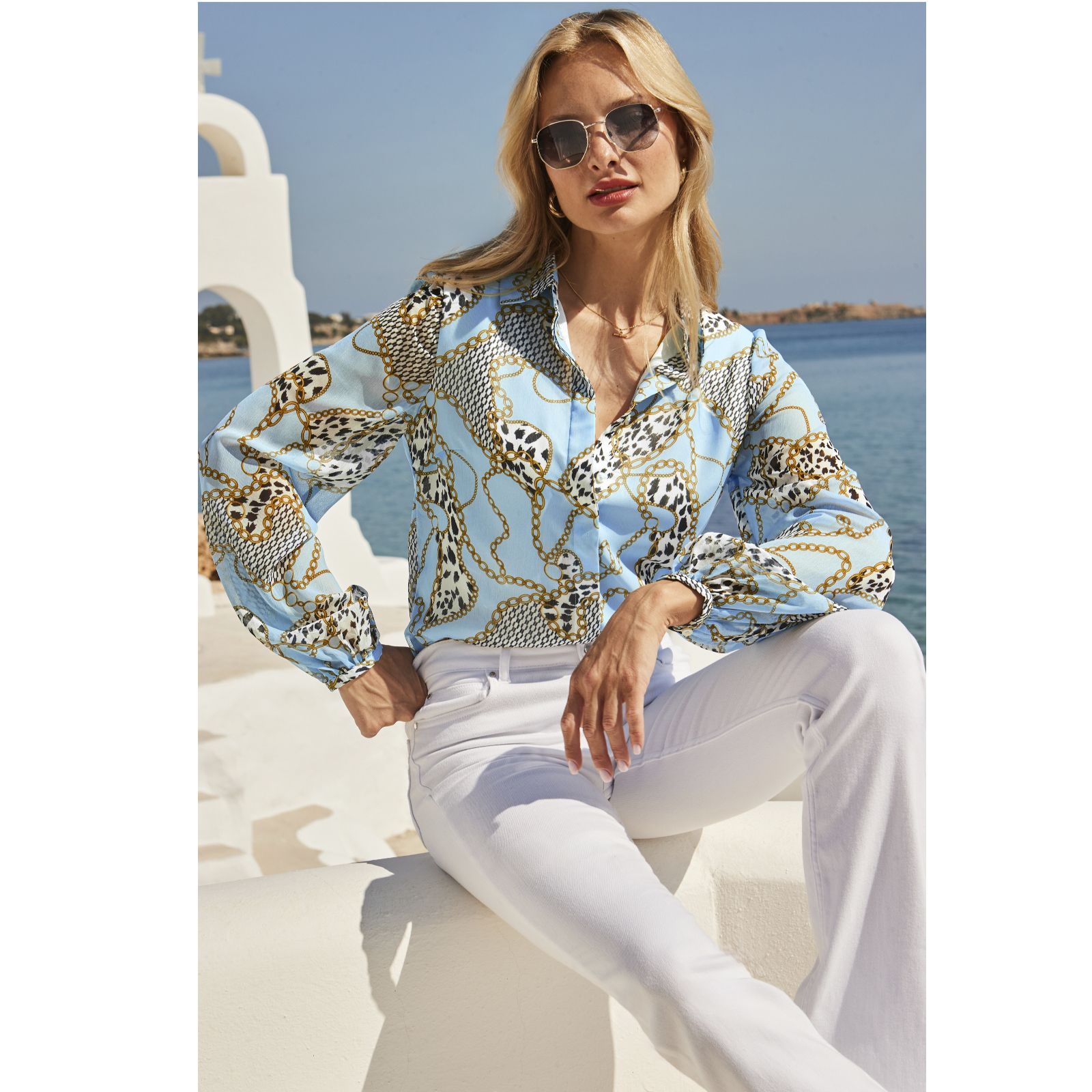 Sosandar Blue Wow Print Blouson Sleeve Shirt
