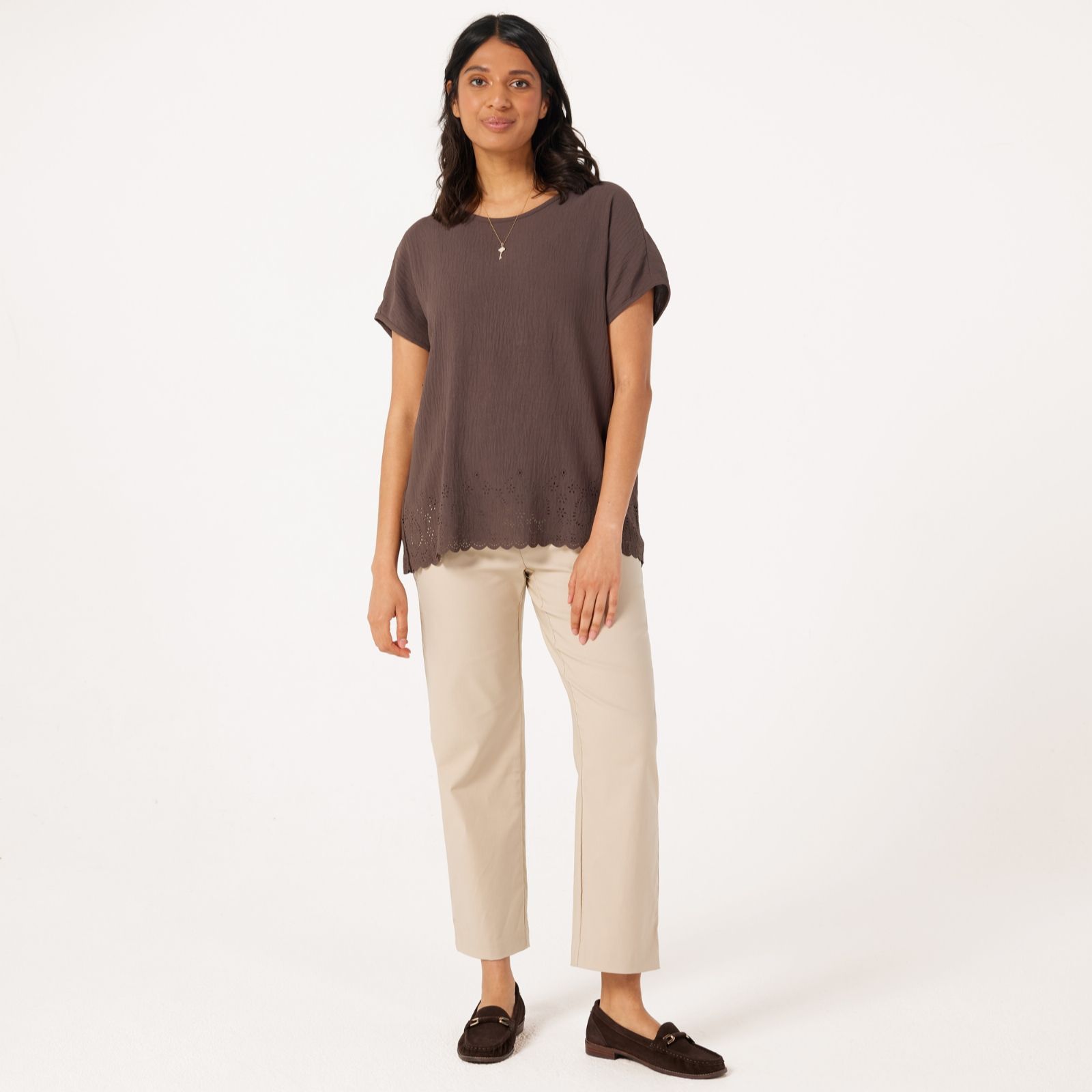 Kim & Co Crinkle Poplin Short Dolman Sleeve Eylet Hem Top