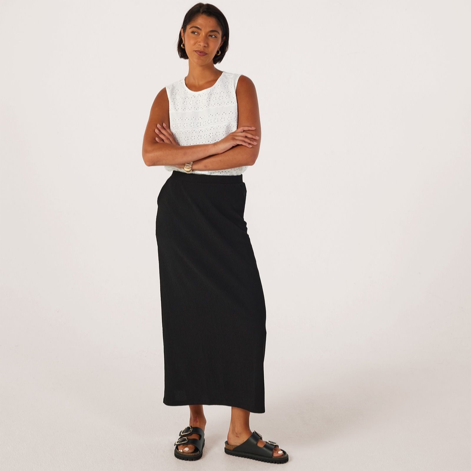 Kim & Co Stretch Crinkle Knit Shirred Elastic Waist Maxi Skirt