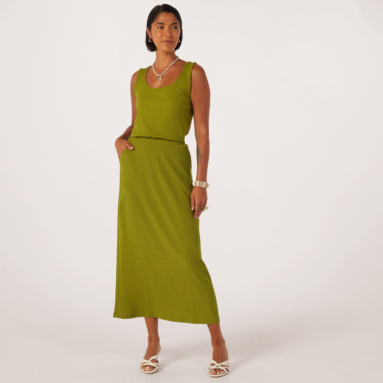 Kim & Co Stretch Crinkle Knit Shirred Elastic Waist Maxi Skirt