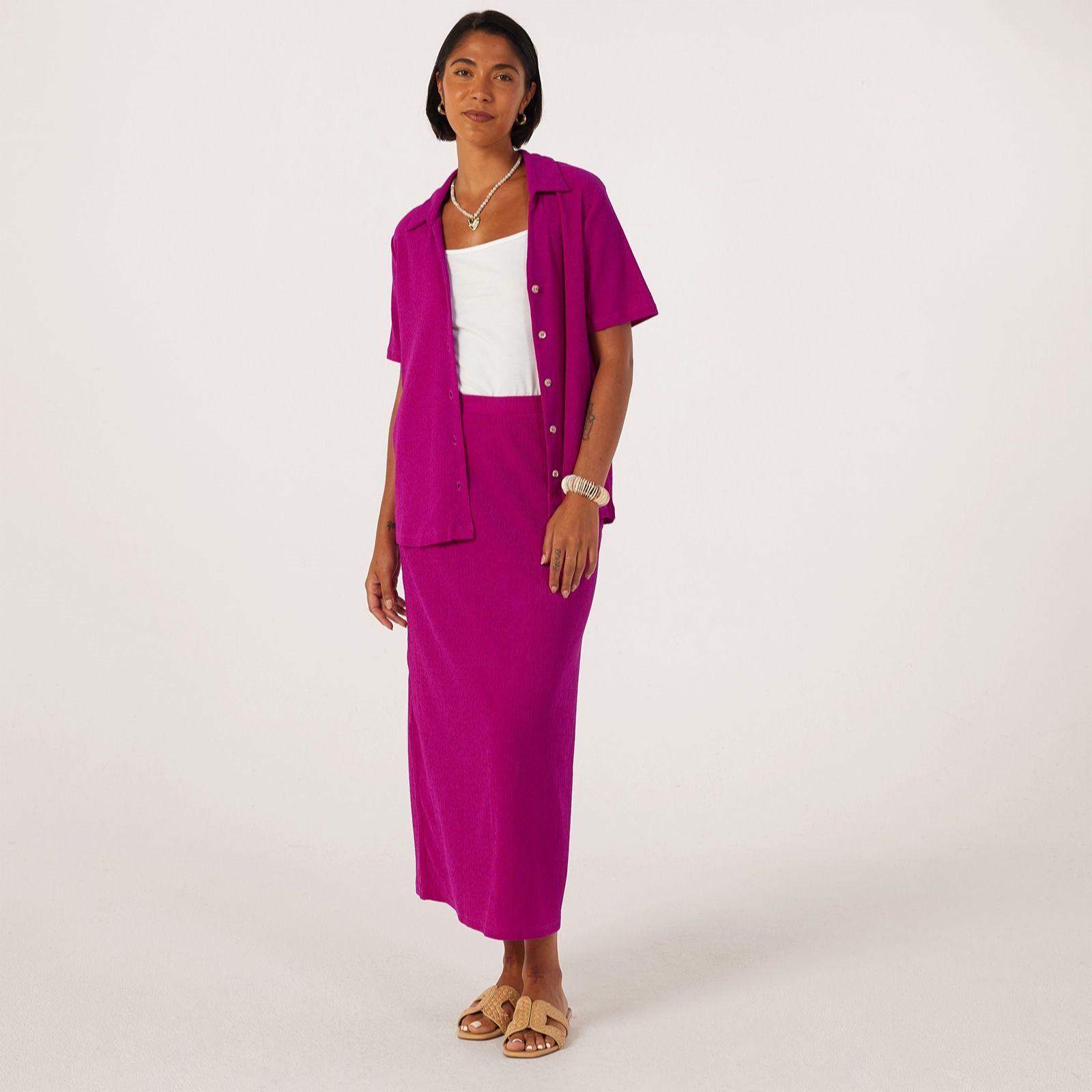 Kim & Co Stretch Crinkle Knit Shirred Elastic Waist Maxi Skirt