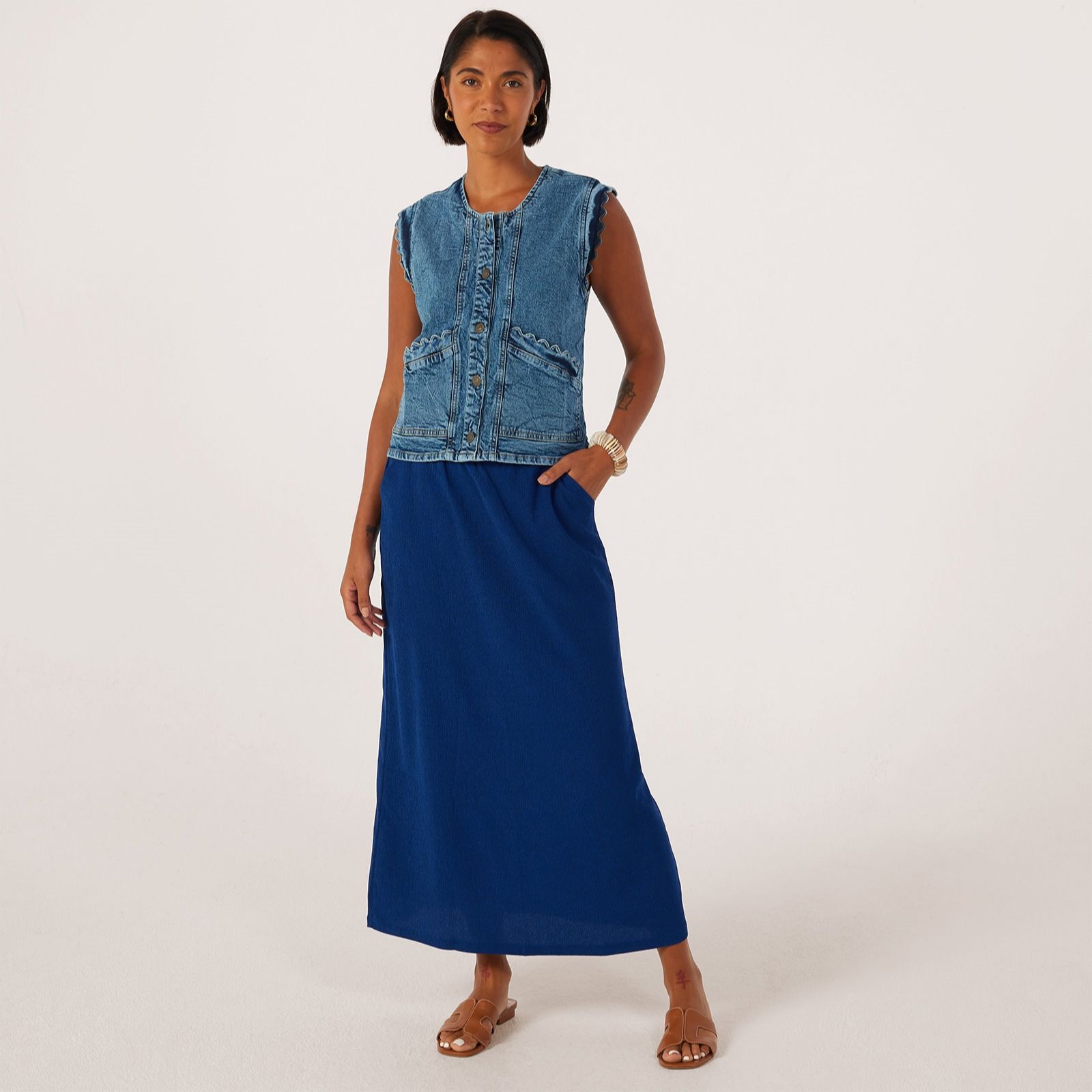 Kim & Co Stretch Crinkle Knit Shirred Elastic Waist Maxi Skirt