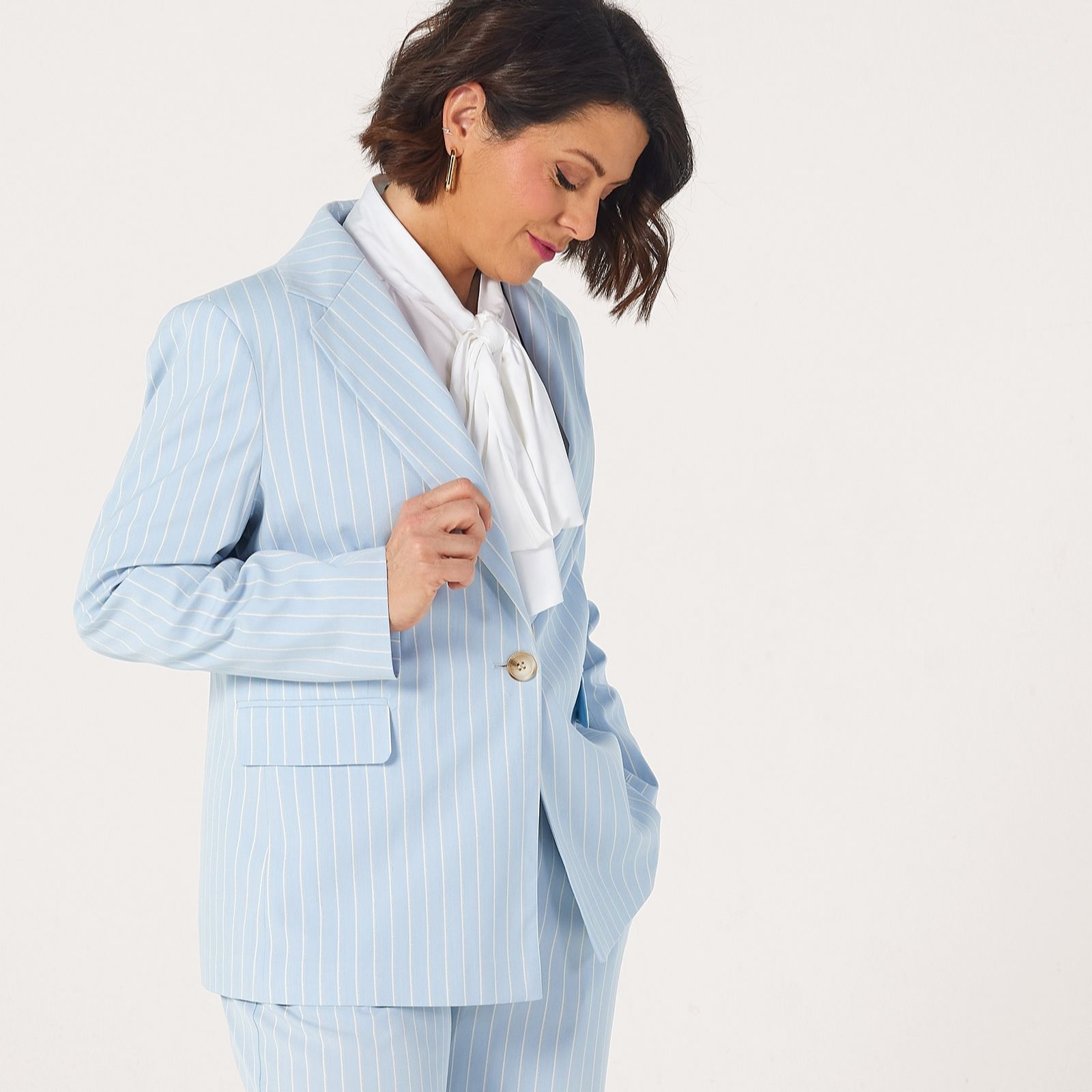 Helene Berman X Katy Pinstripe Single Breasted Relaxed Blazer