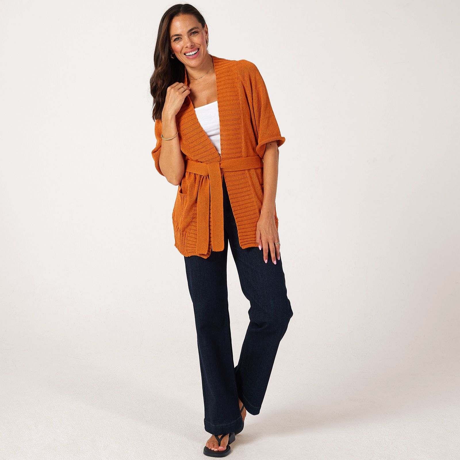 MarlaWynne Collection Short Dolman Sleeve Belted Knit Cardigan