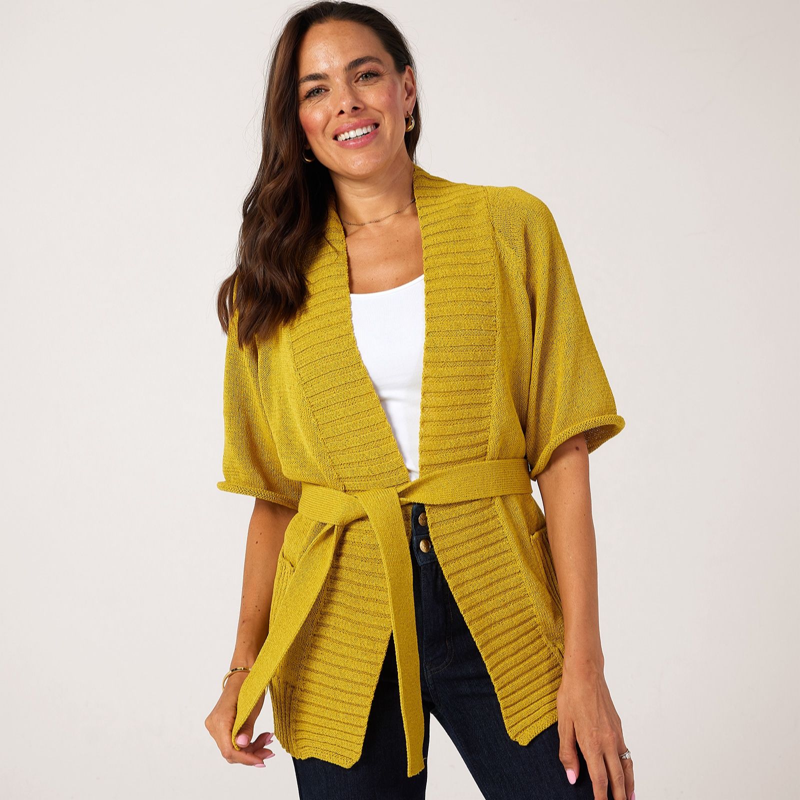 MarlaWynne Collection Short Dolman Sleeve Belted Knit Cardigan
