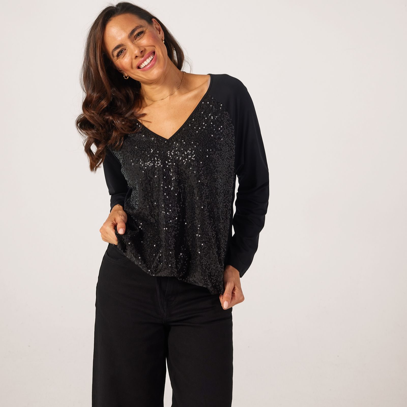 Frank Usher Jersey V Neck Top With Sequins & Draw Cord