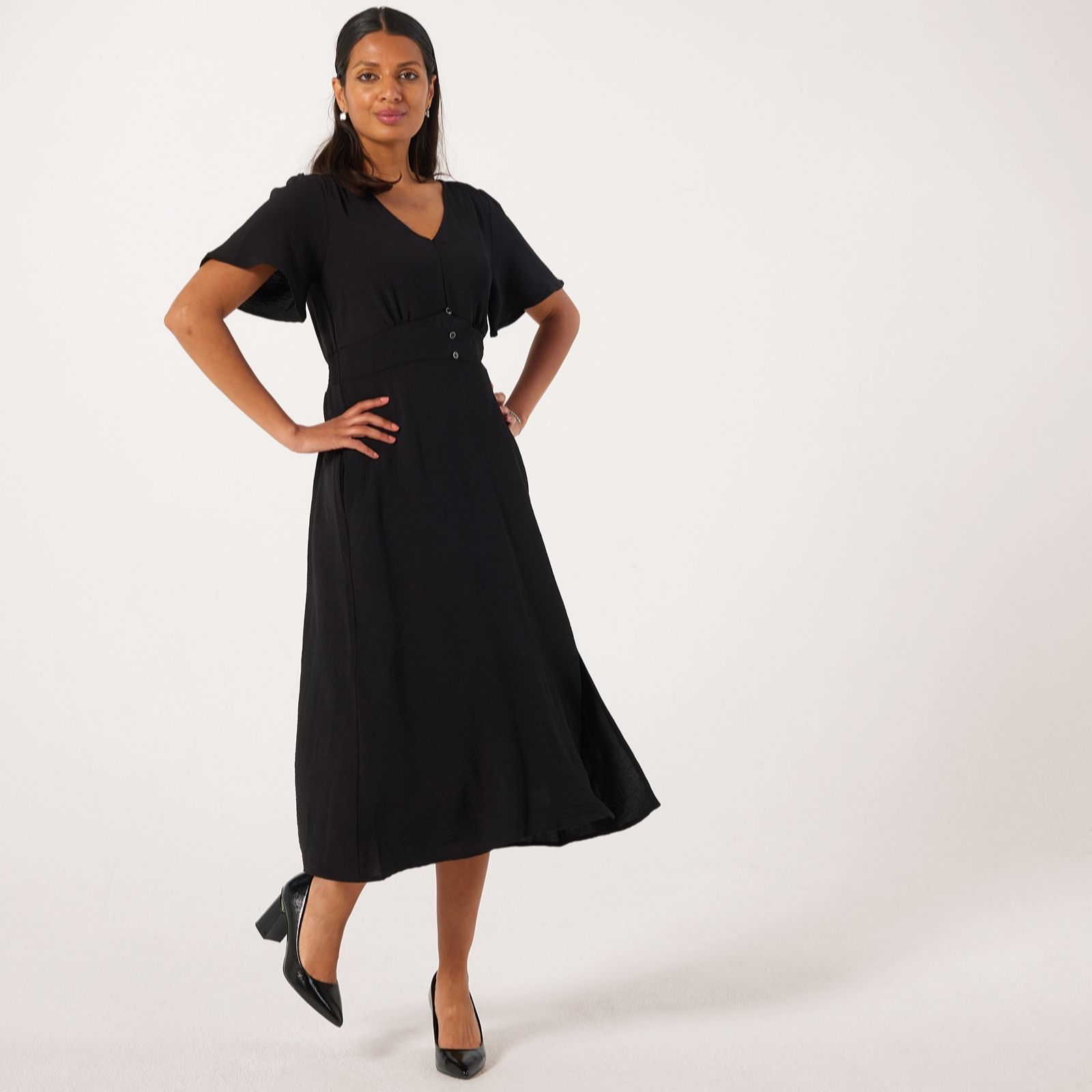 Nina Leonard Flutter Sleeve V Neck Midi Textured Wave Dress