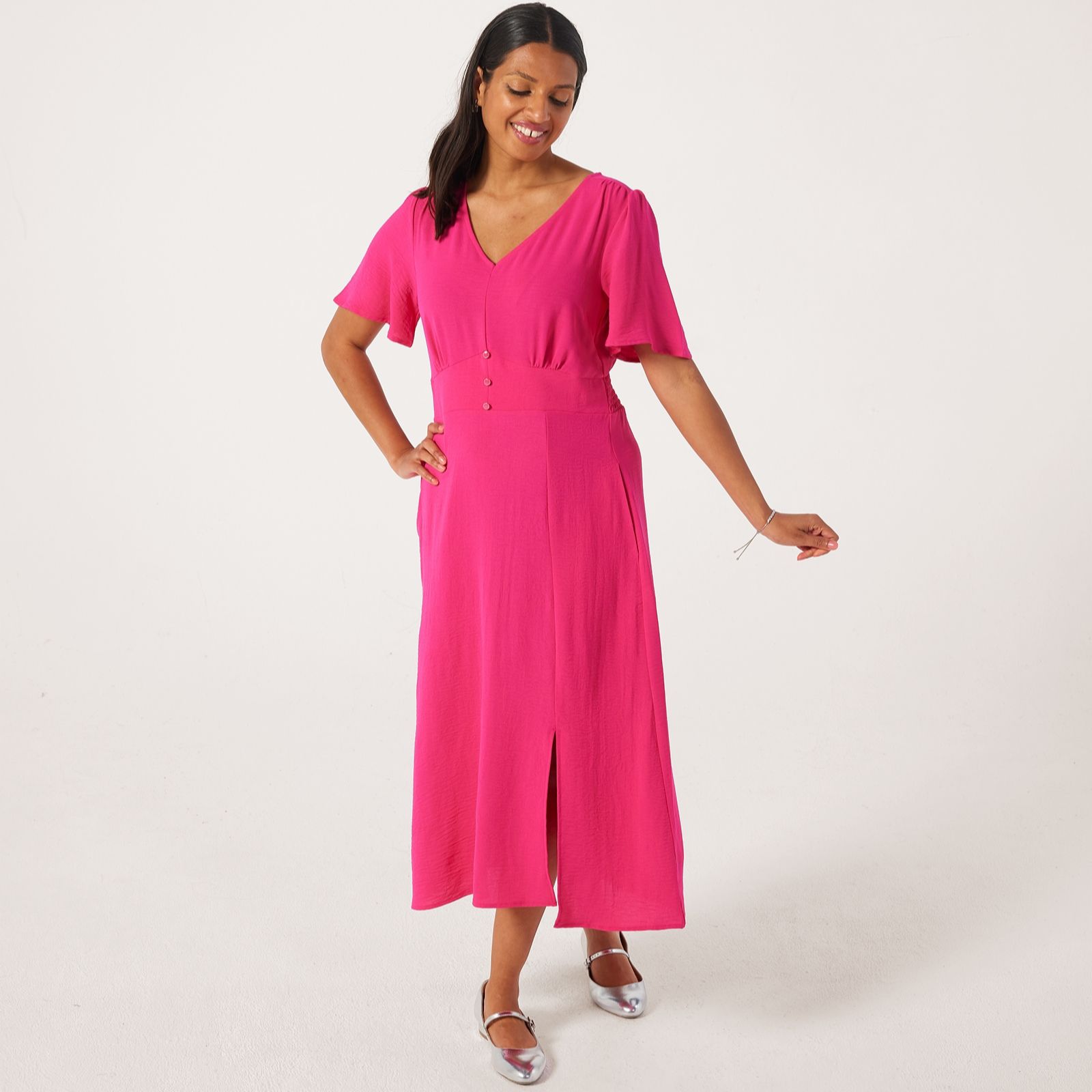 Nina Leonard Flutter Sleeve V Neck Midi Textured Wave Dress