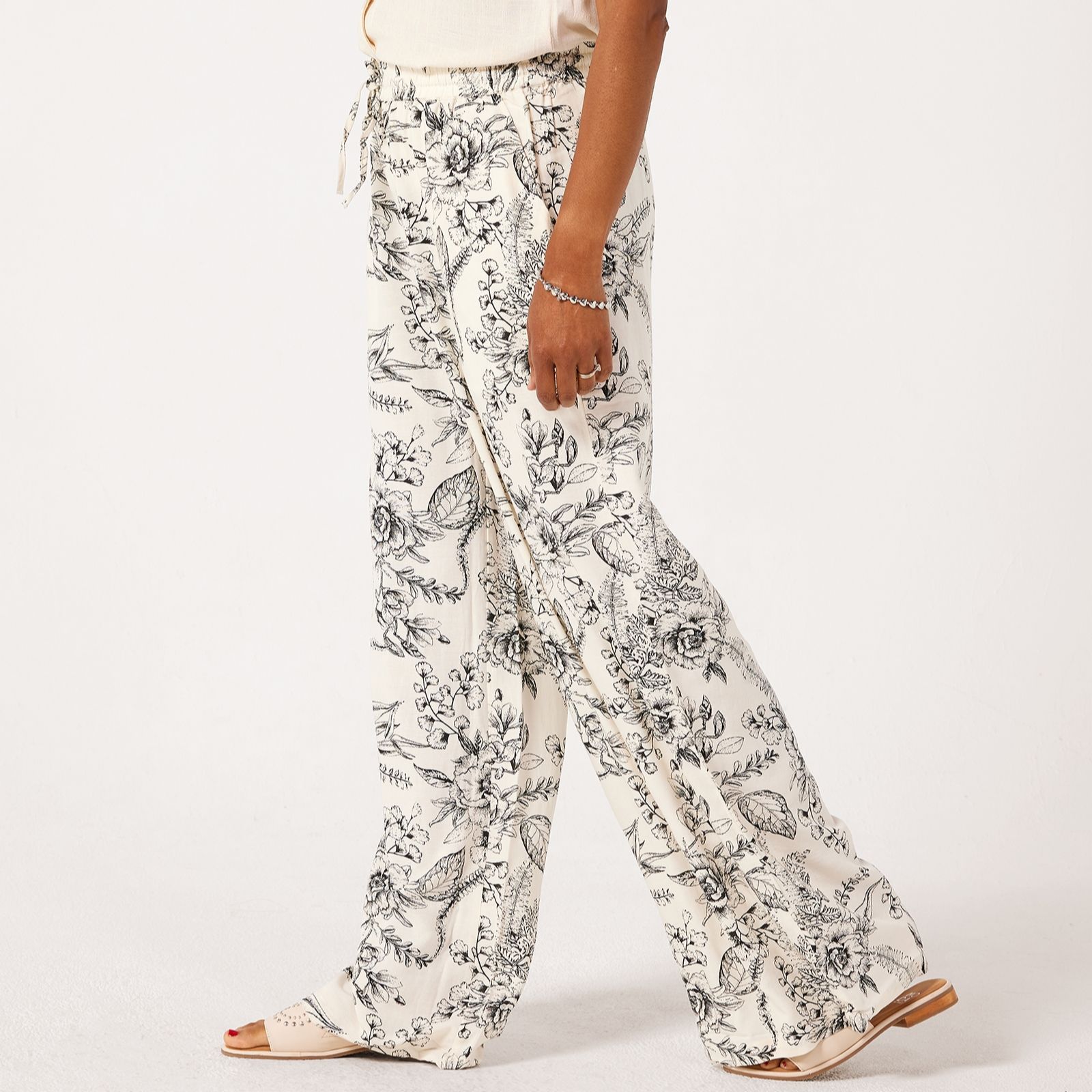 Denim & Co. Printed Linen Blend Wide Leg Trouser Standard