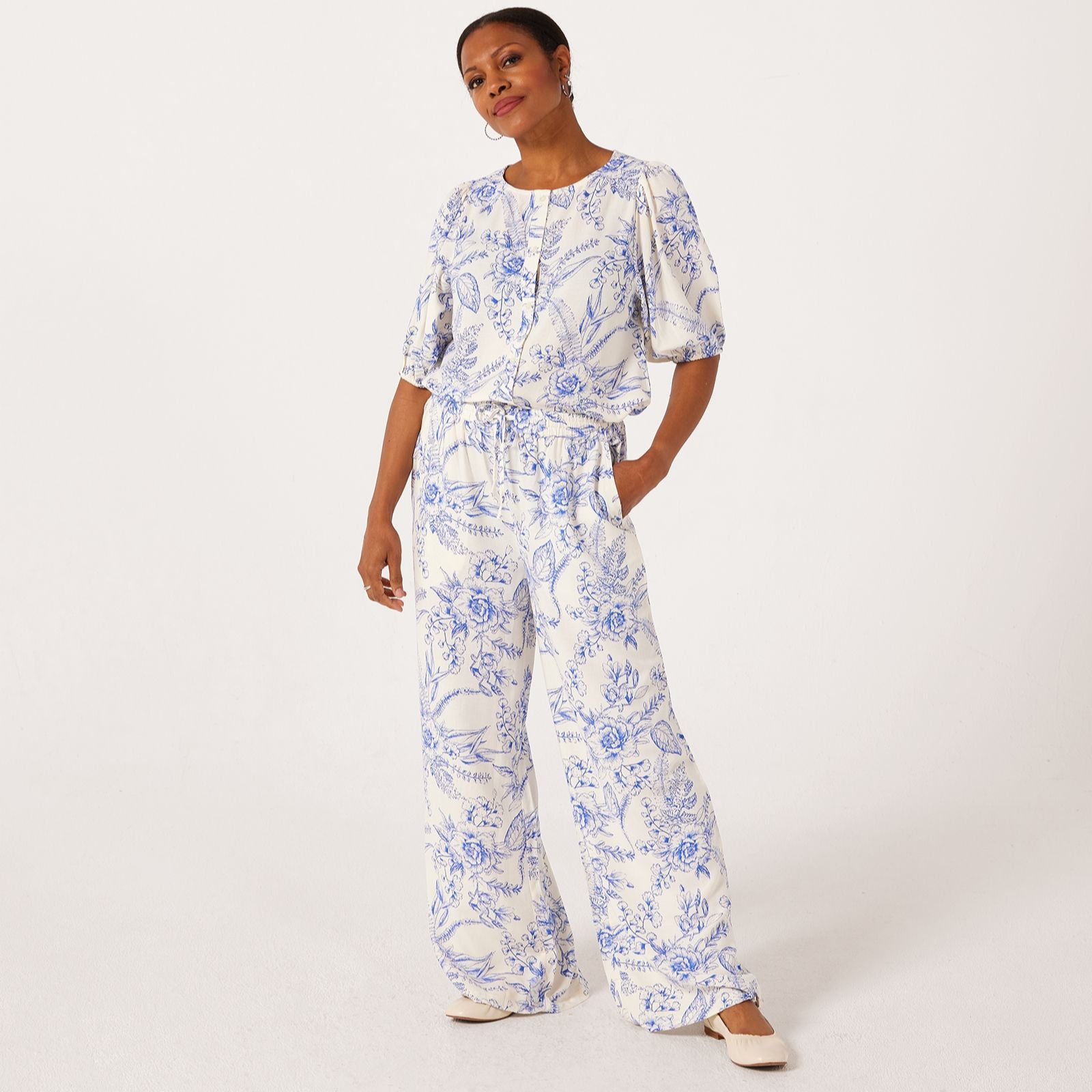 Denim & Co. Printed Linen Blend Wide Leg Trouser Standard