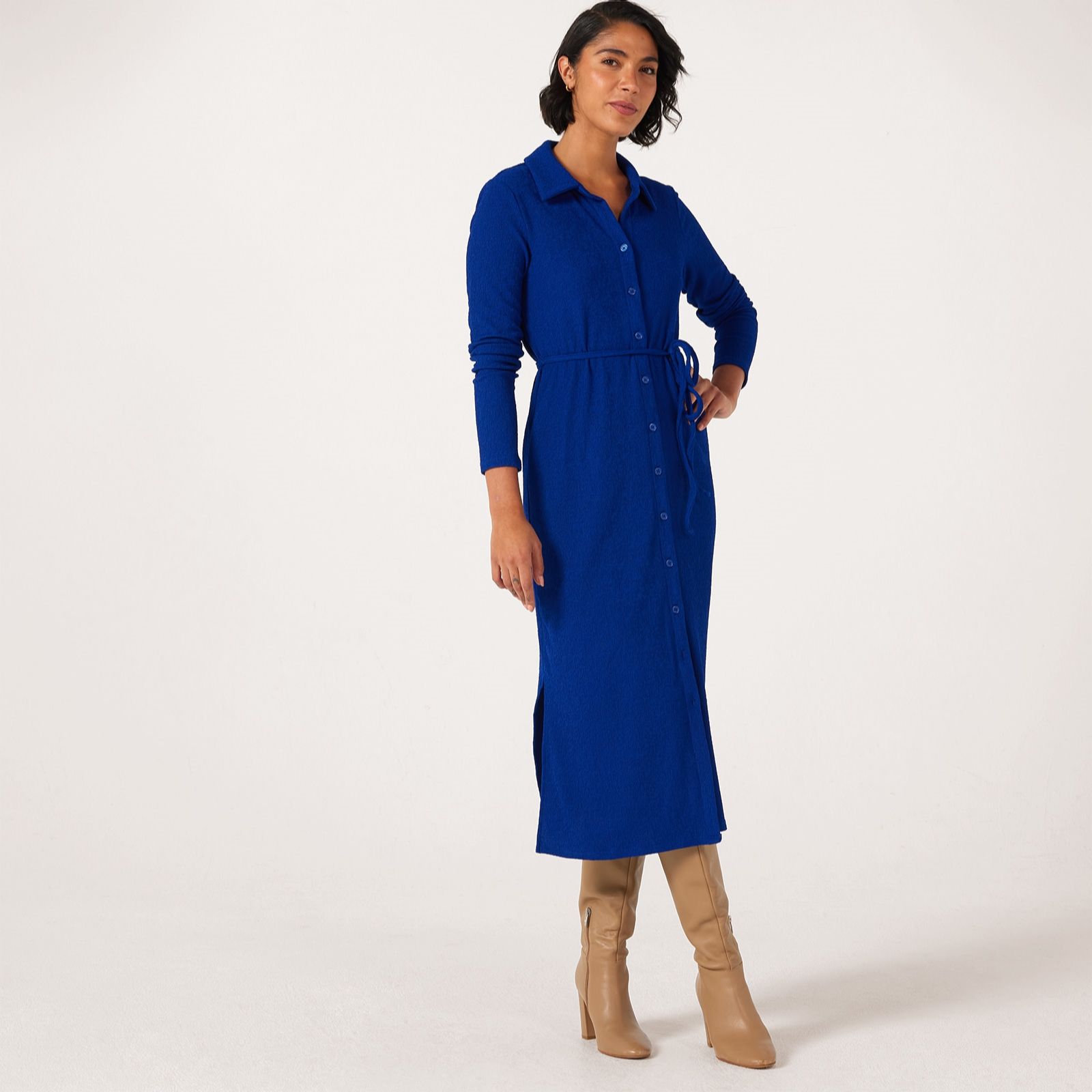 Nina Leonard Long Sleeve Collared Midi Length Button Front Shirtdress