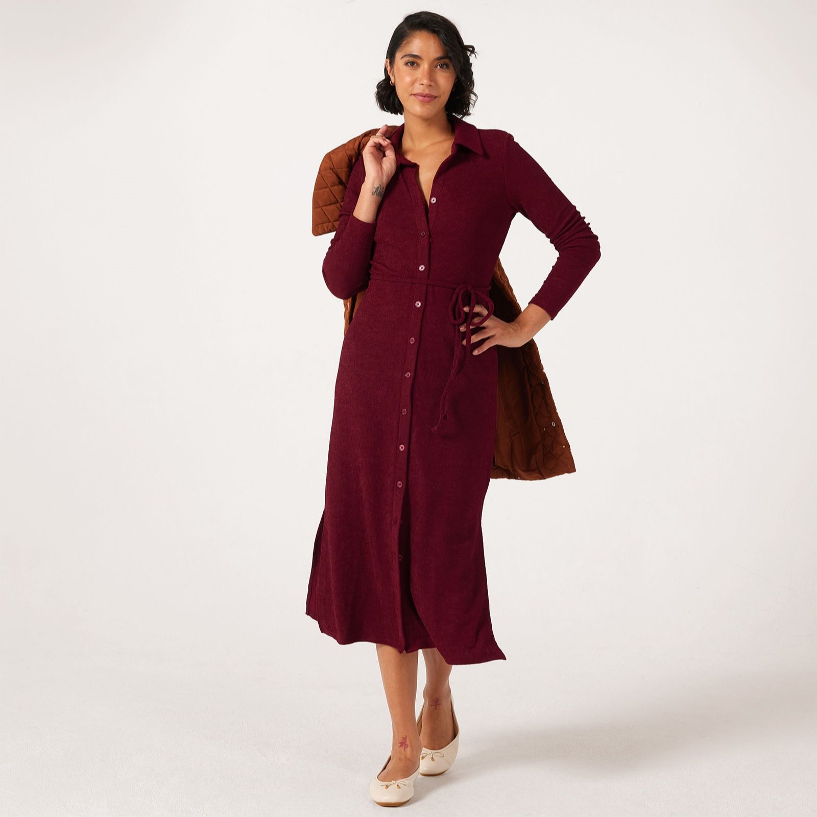 Nina Leonard Long Sleeve Collared Midi Length Button Front Shirtdress