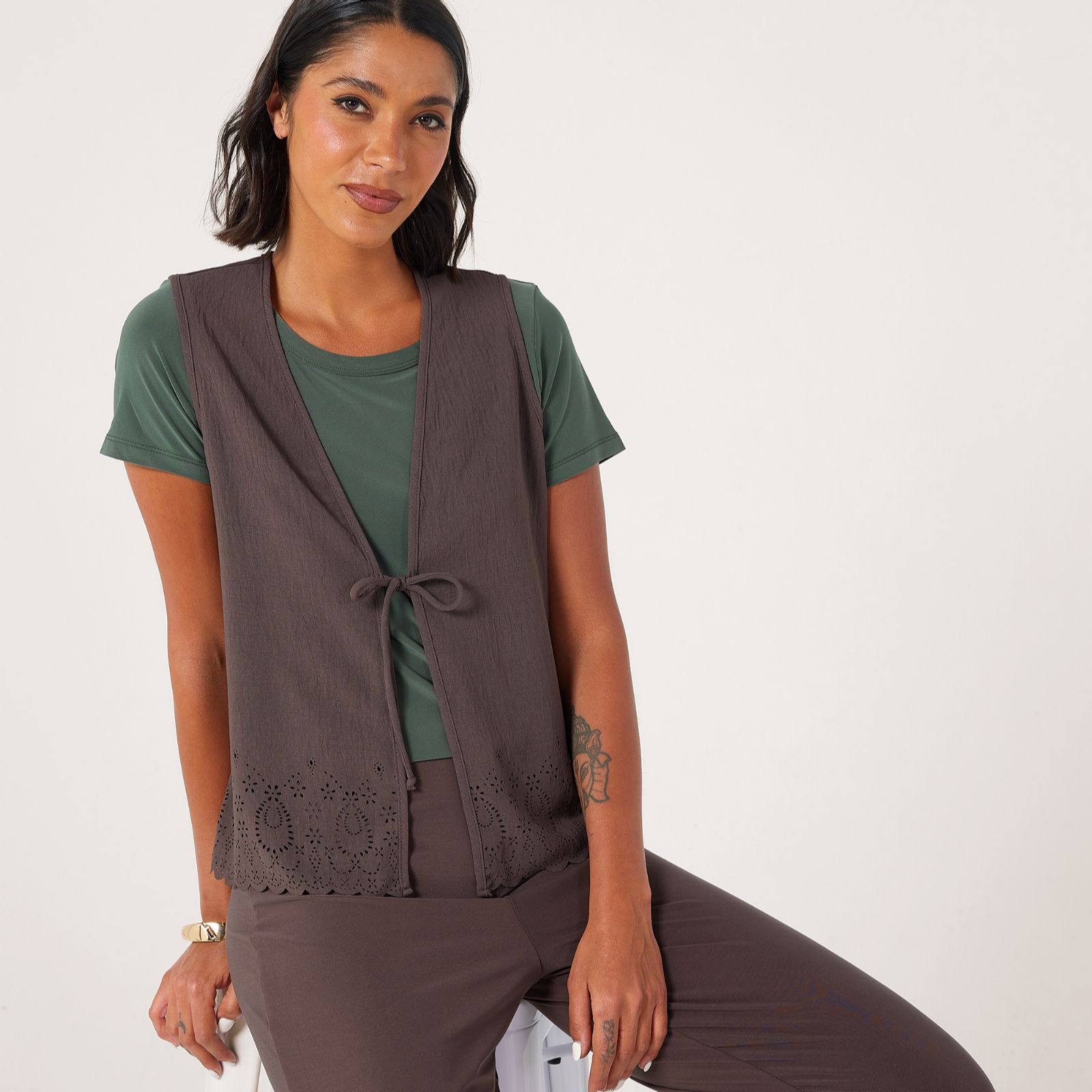 Kim & Co Crinkle Poplin Front Tie Waistcoat with Eyelet Hem