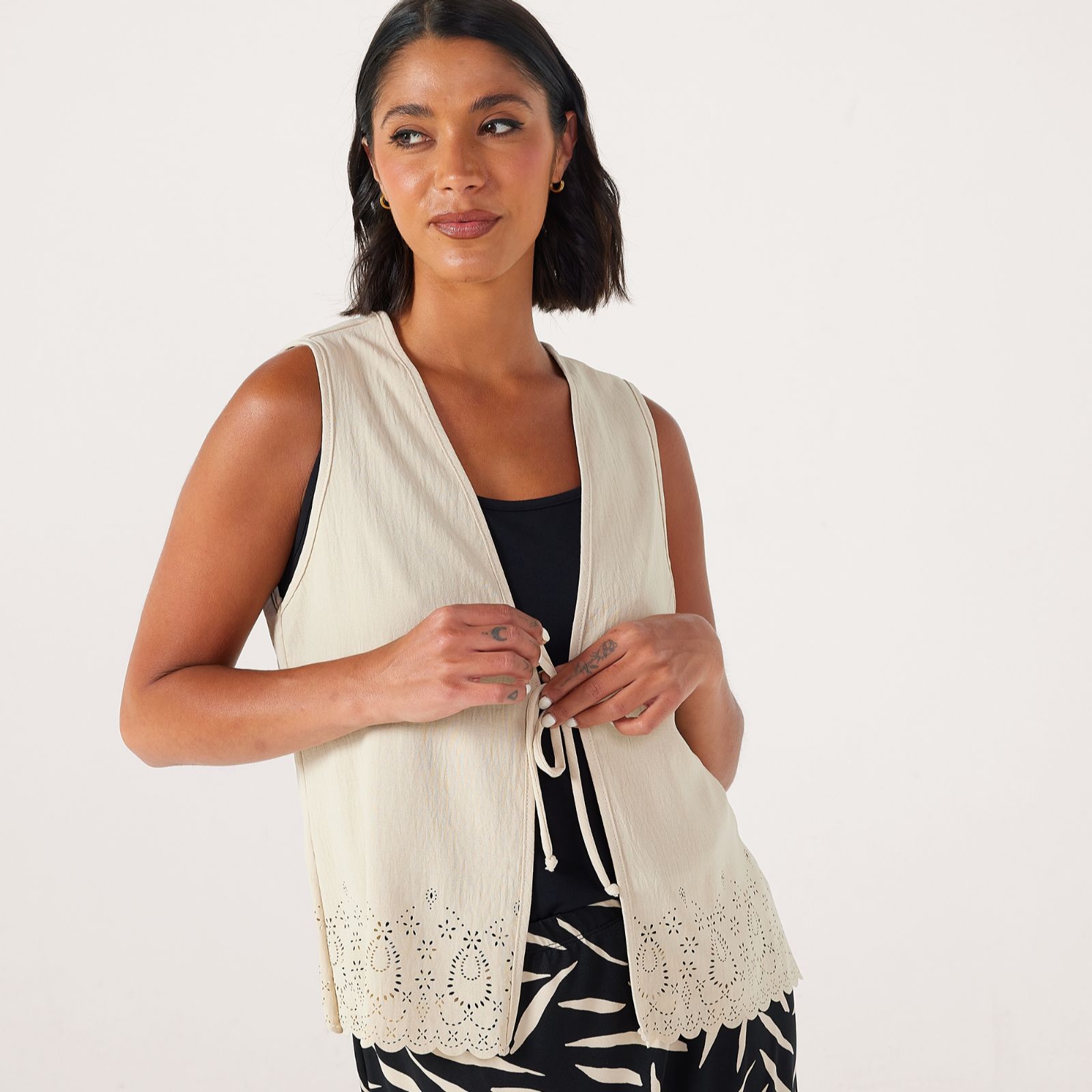 Kim & Co Crinkle Poplin Front Tie Waistcoat with Eyelet Hem