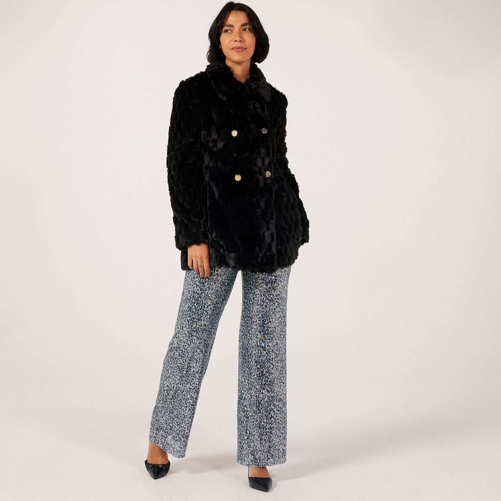 Helene Berman Texture Faux Fur Double Breasted Coat