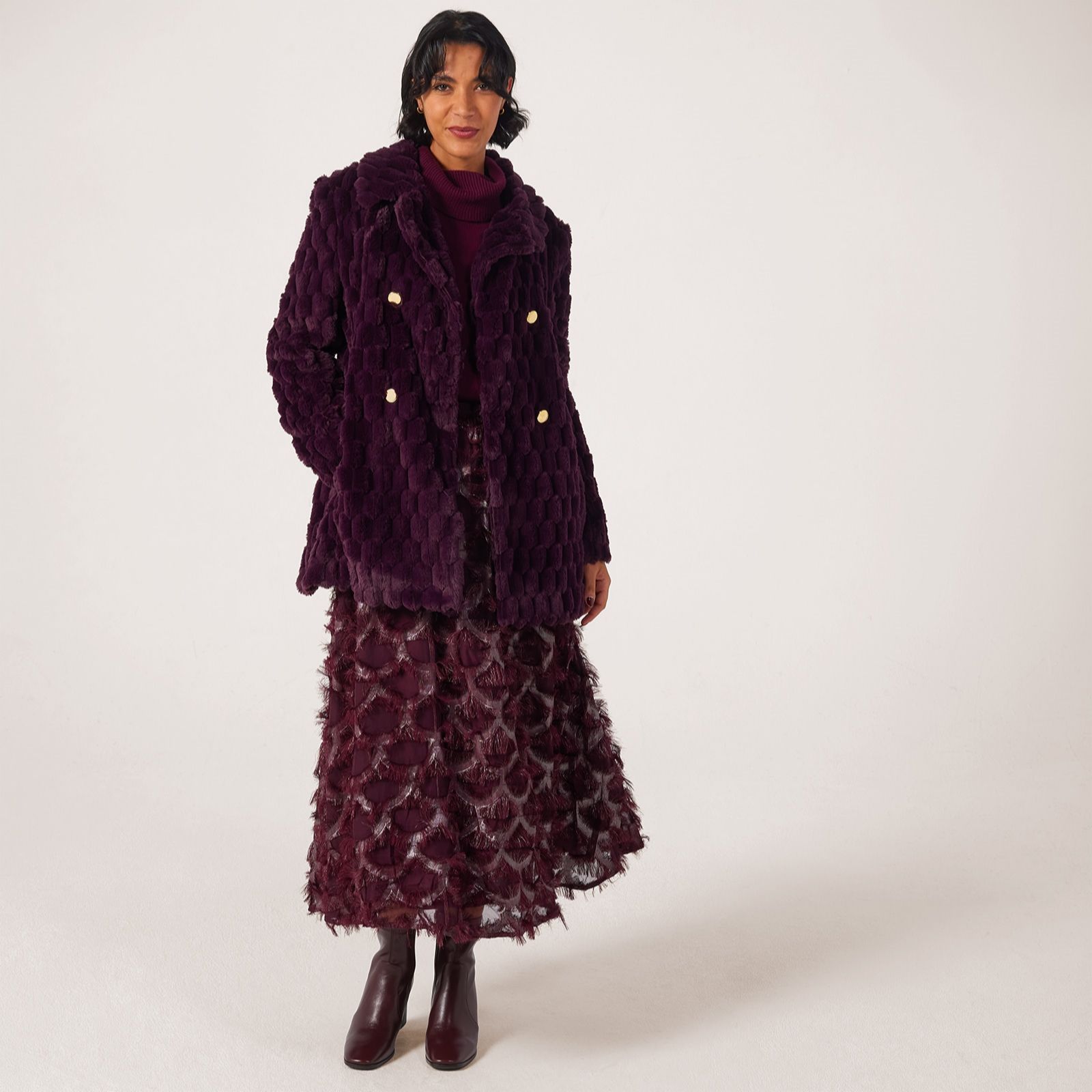 Helene Berman Texture Faux Fur Double Breasted Coat