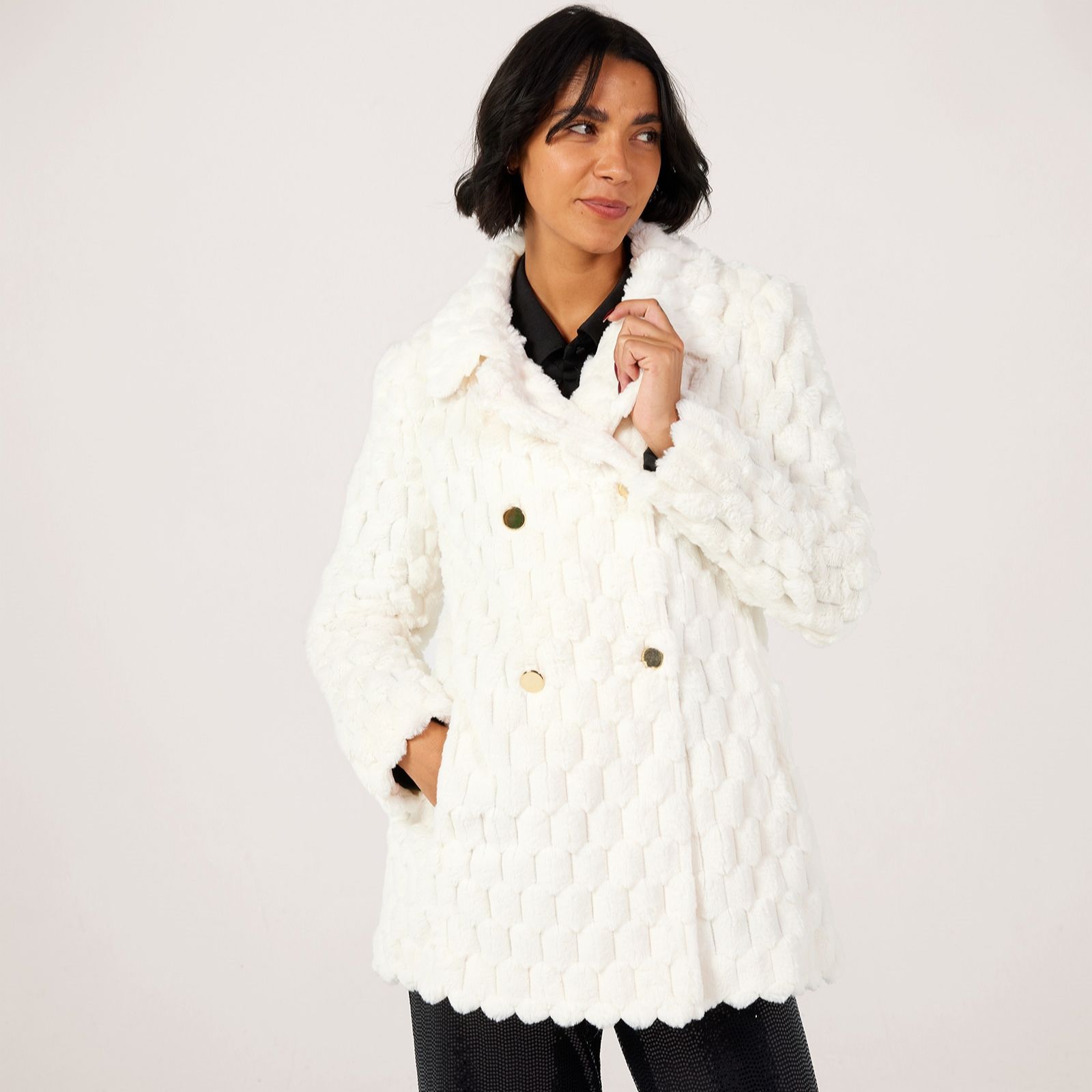 Helene Berman Texture Faux Fur Double Breasted Coat