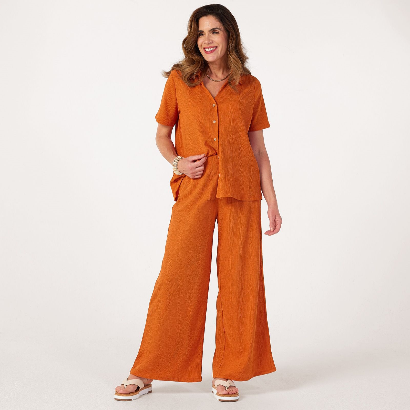Kim & Co Stretch Crinkle Knit Palazzo Standard Trousers with Pocket