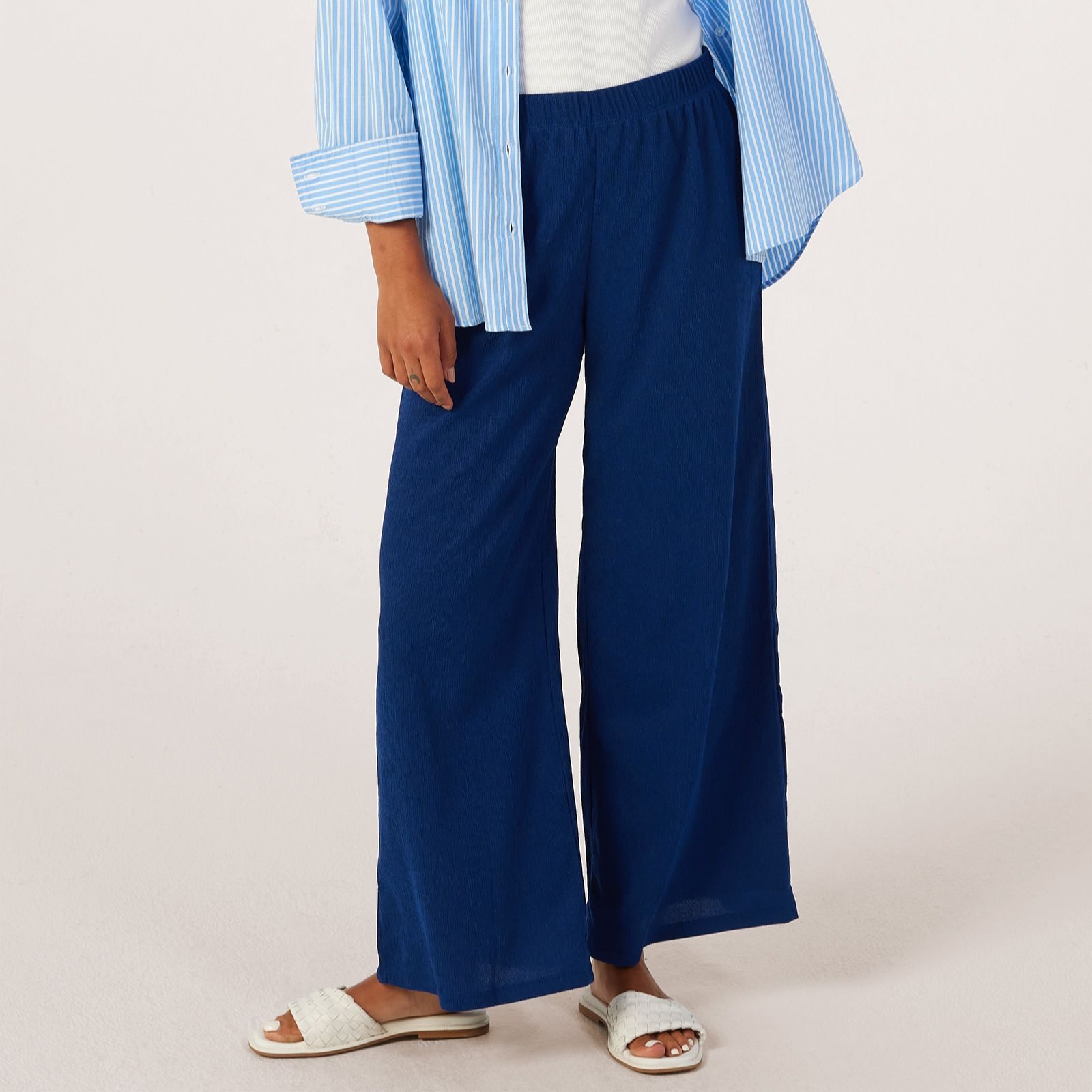 Kim & Co Stretch Crinkle Knit Palazzo Standard Trousers with Pocket