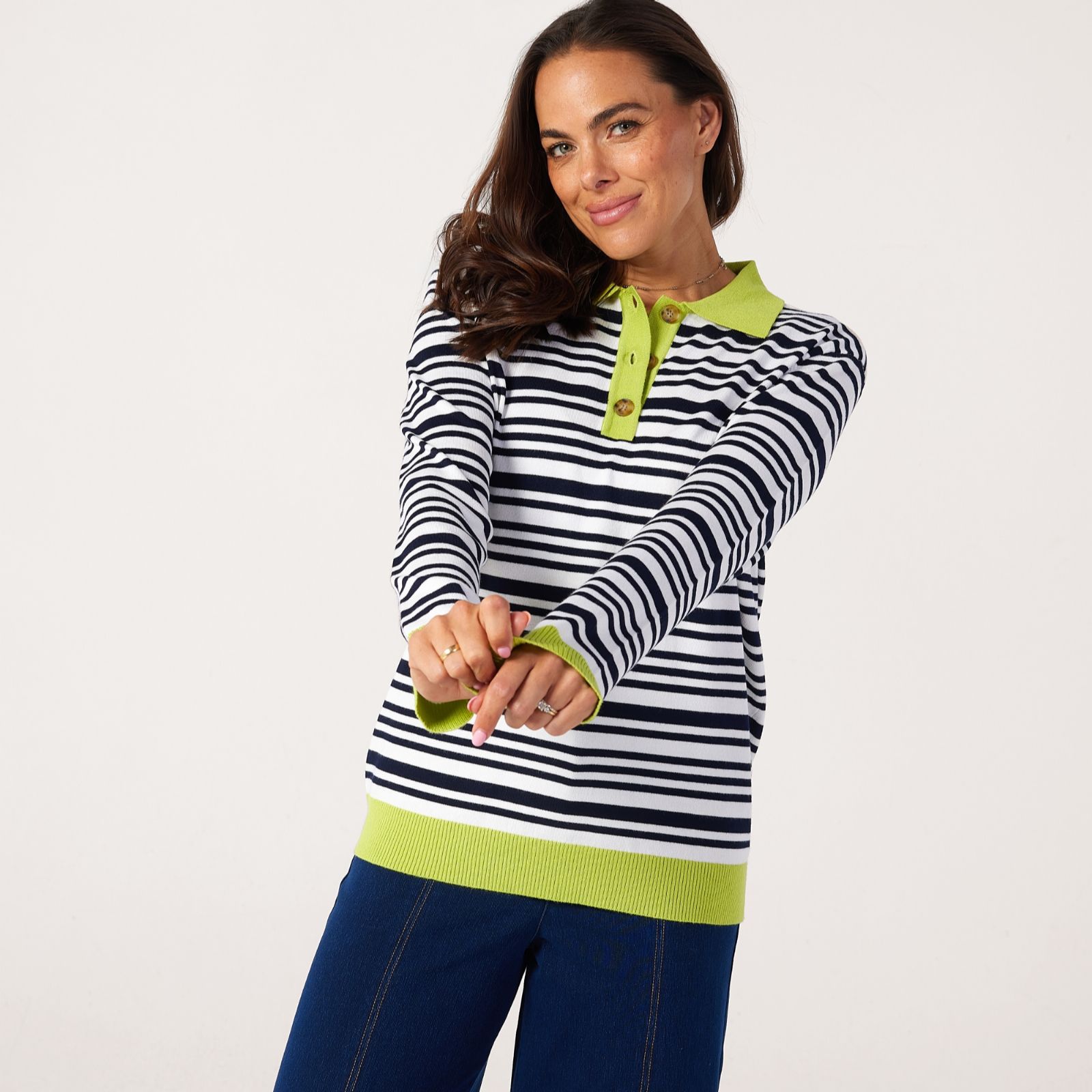 Denim & Co Essential Knitted Stripe Polo Jumper