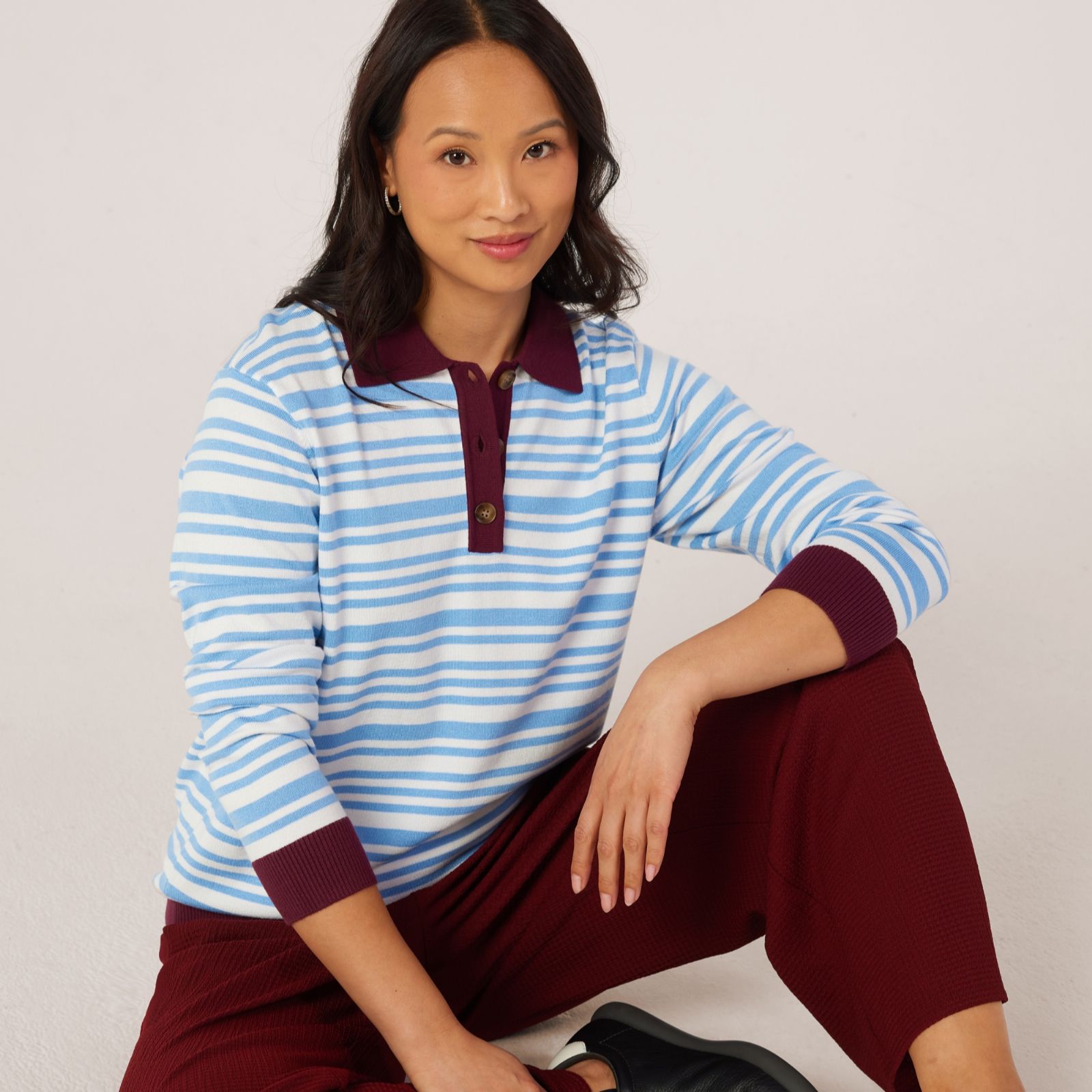 Denim & Co Essential Knitted Stripe Polo Jumper
