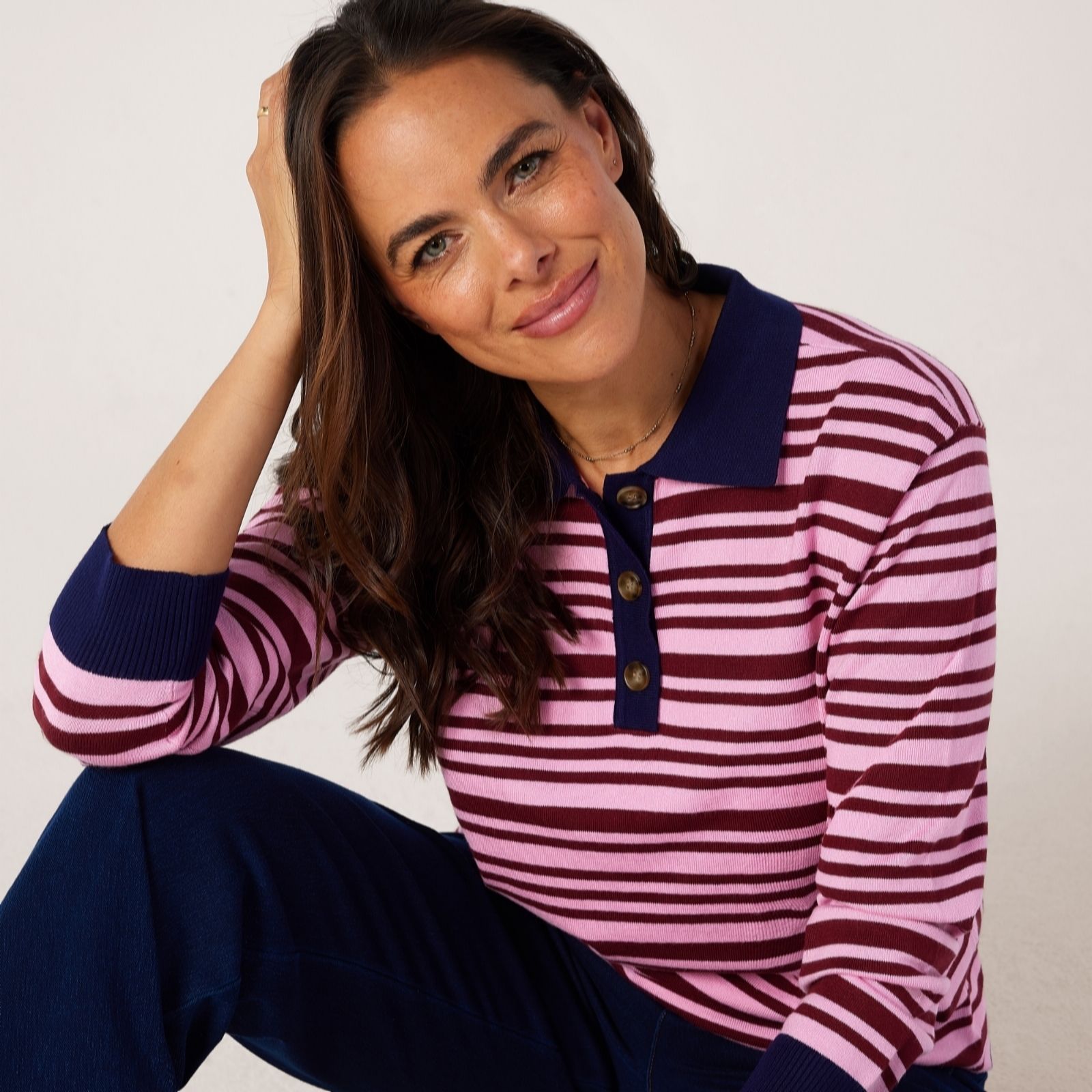 Denim & Co Essential Knitted Stripe Polo Jumper